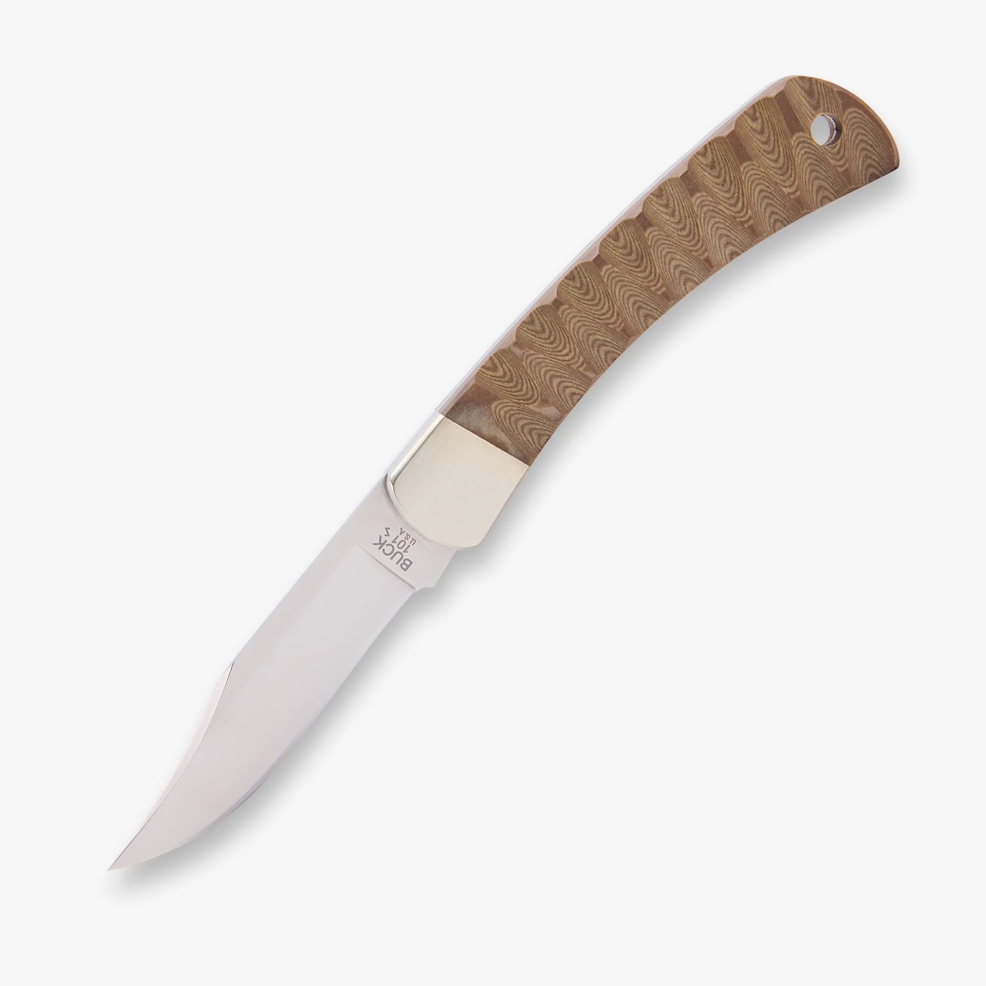Folding knife with a curved wooden handle and a stainless steel clip point blade.
