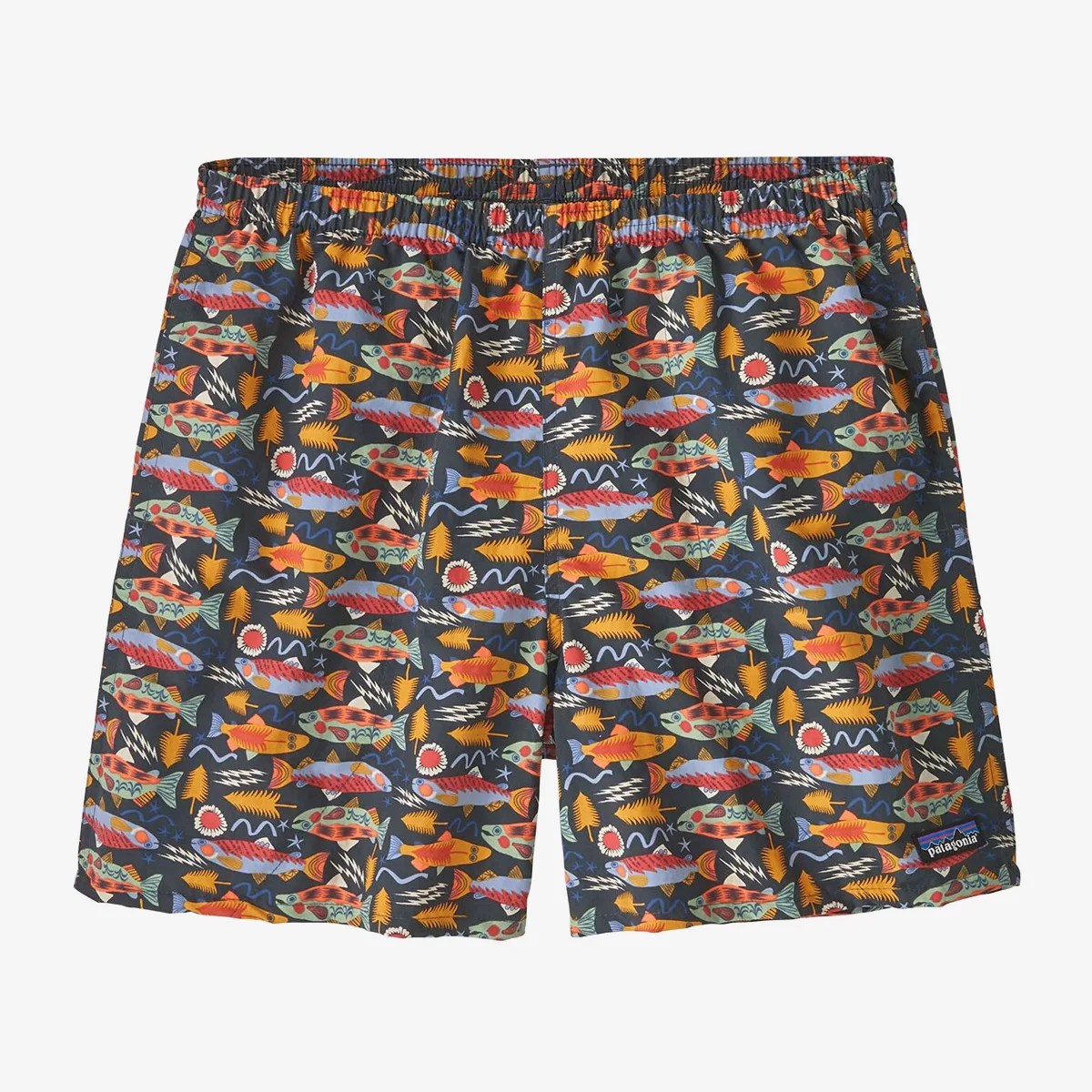 Multicolored fish-patterned swim shorts with an elastic waistband and Patagonia logo on the hem.