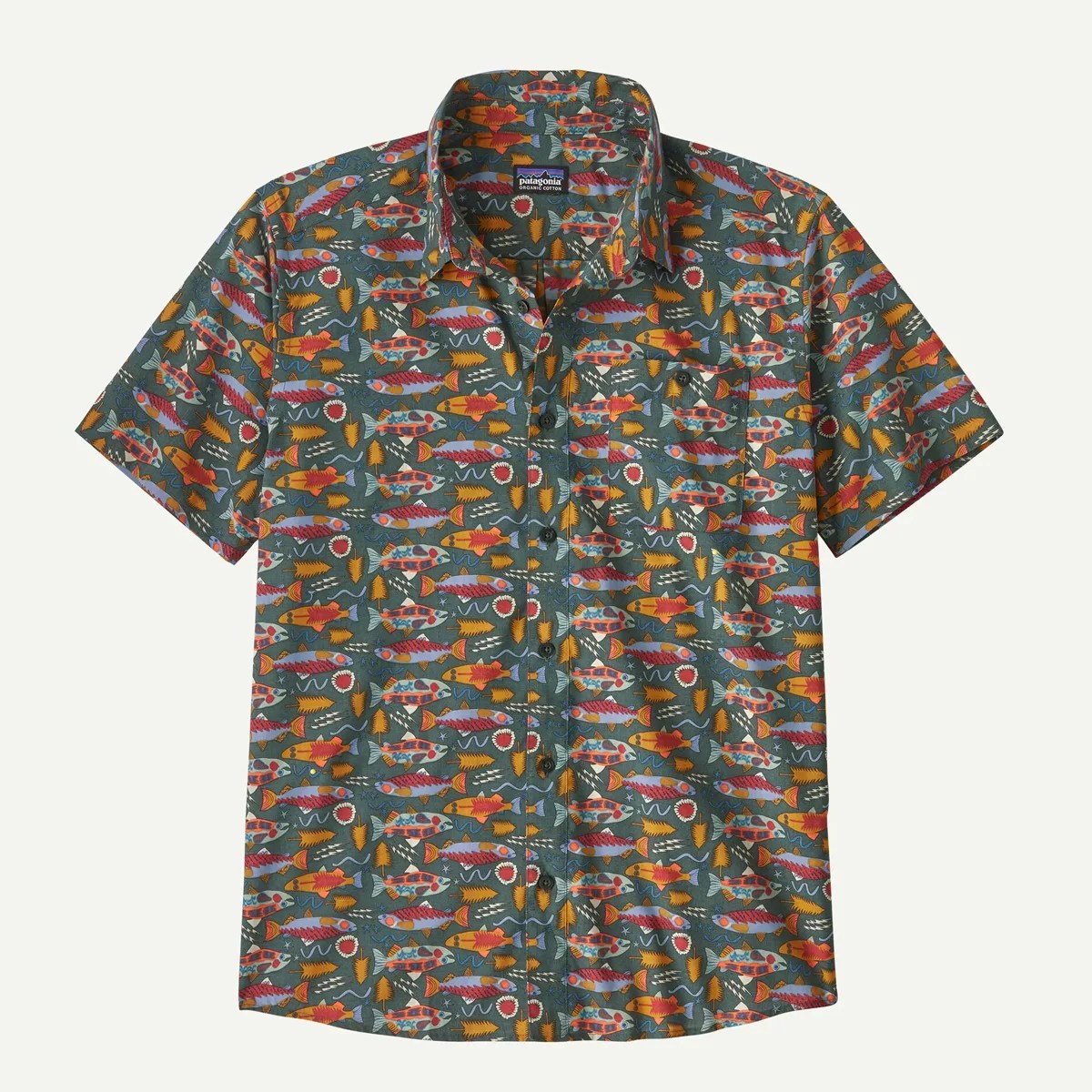 Short-sleeve button-up shirt with a colorful fish and aquatic plant pattern on a green background.