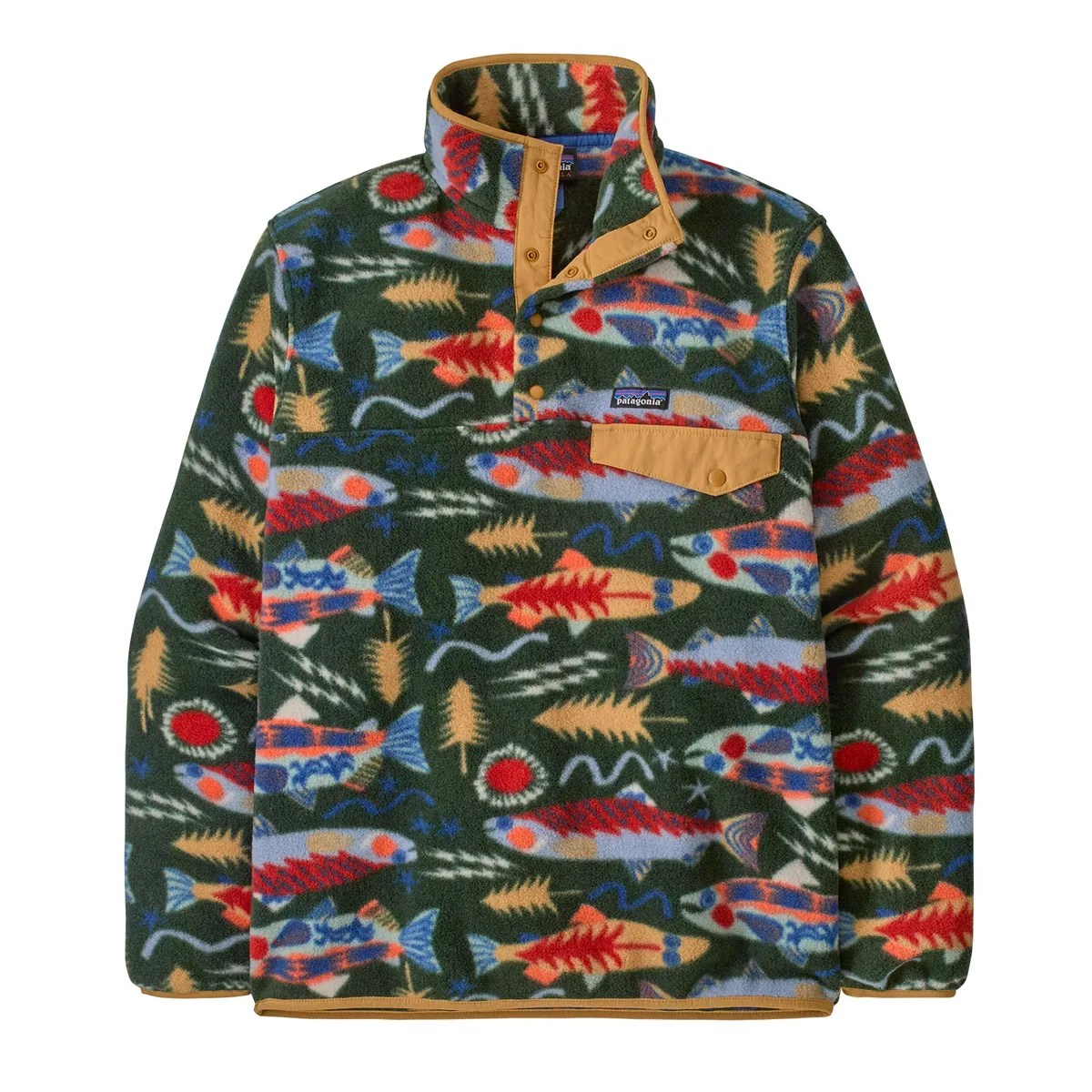 Green fleece pullover with colorful fish and leaf patterns and tan snap-button collar and chest pocket flap.