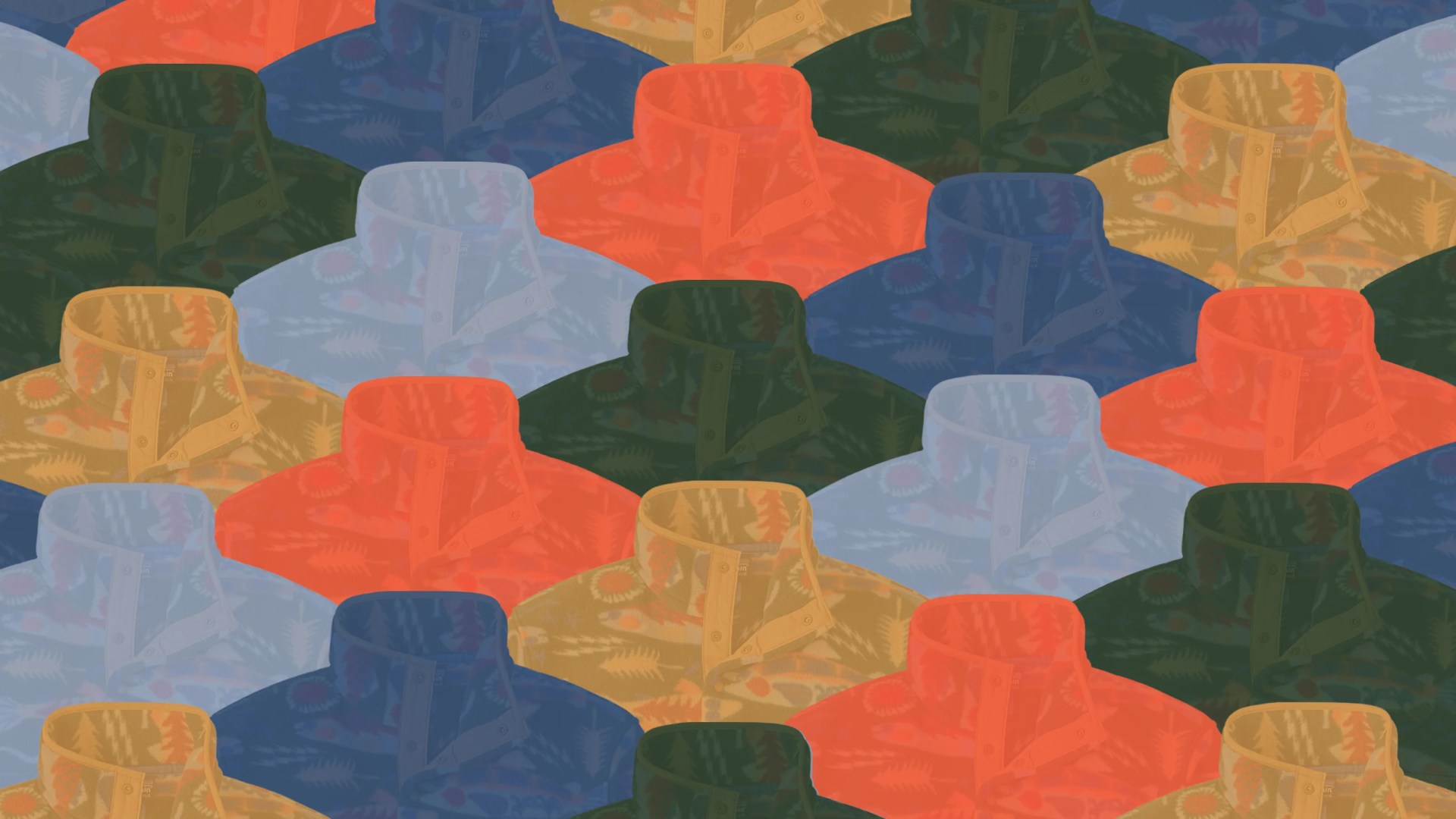 Pattern of overlapping fleece jackets in green, orange, blue, yellow, and light blue with a nature-inspired print.