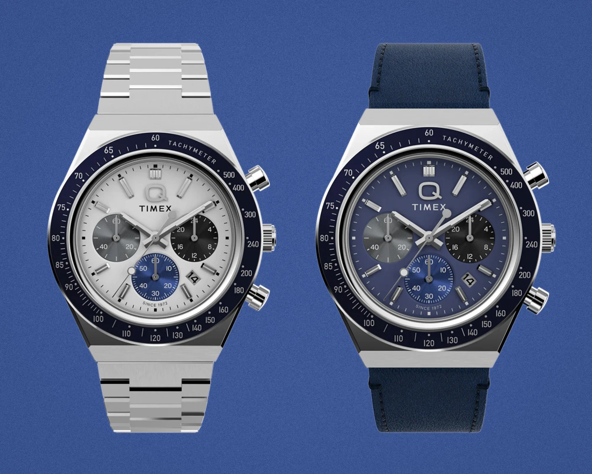 Two Timex chronograph watches side by side, one with a silver metal bracelet and white dial, the other with a blue leather strap and blue dial.