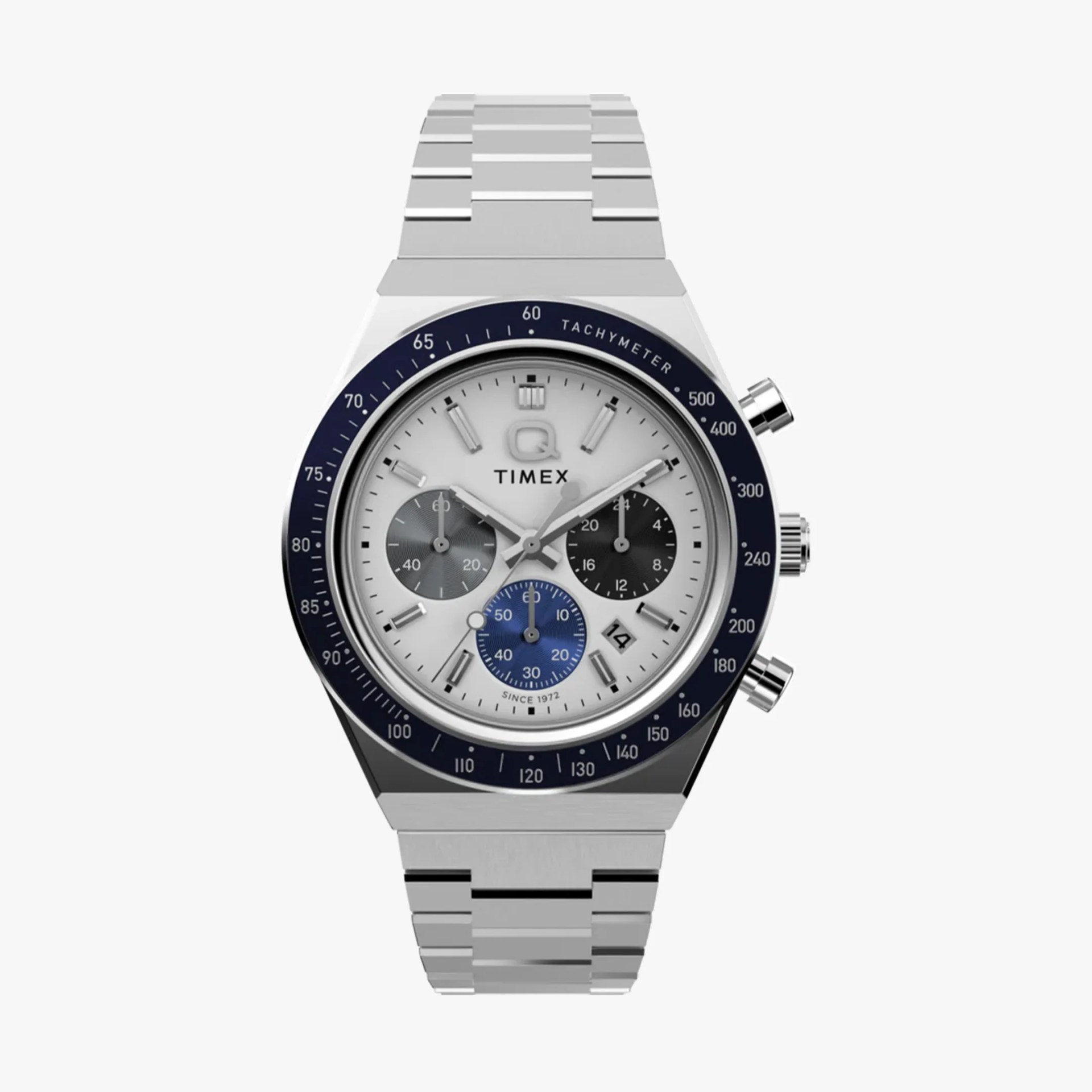 Silver stainless steel Timex chronograph watch with white dial and blue, black, and gray subdials.