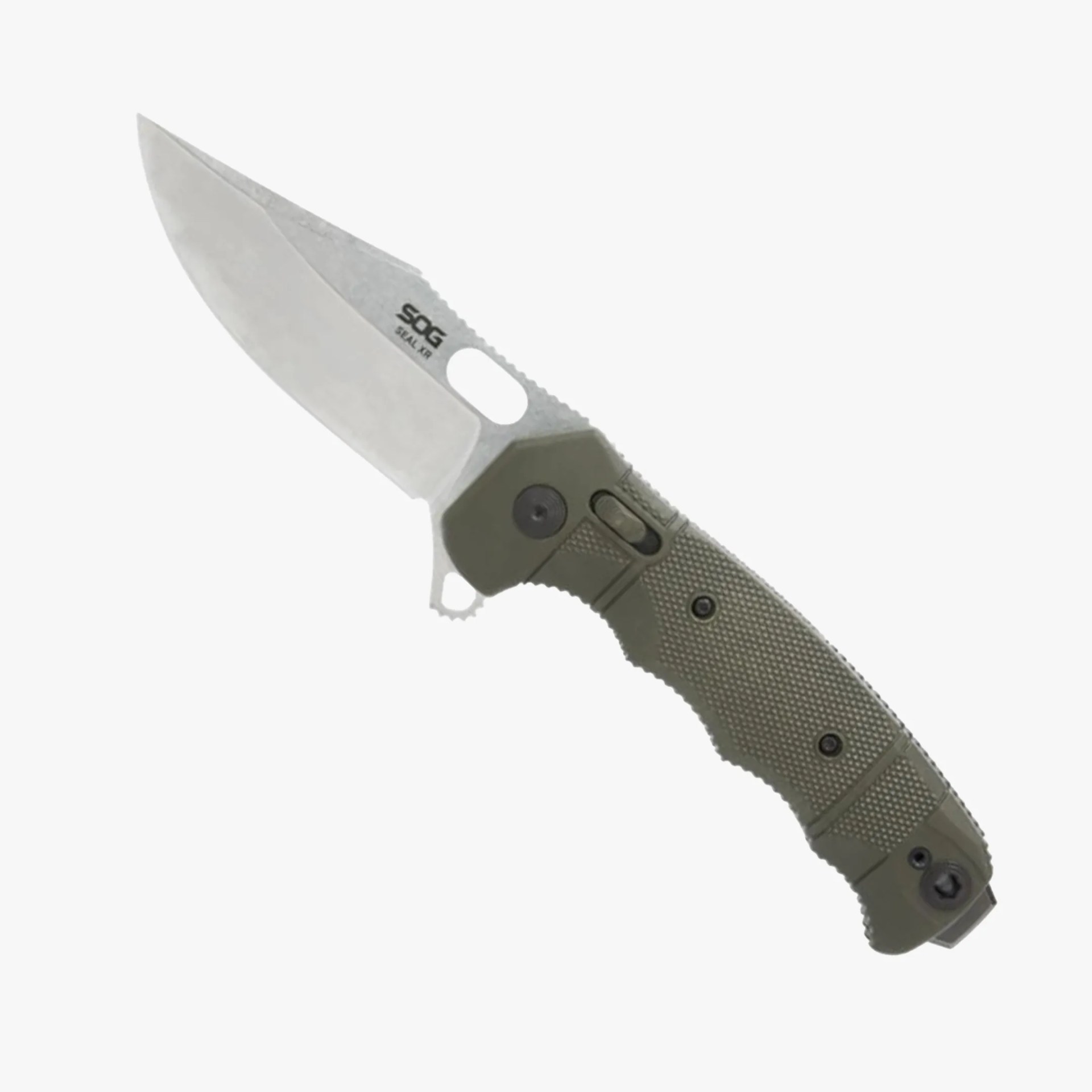 Folding knife with stonewashed stainless steel blade and textured olive green handle.
