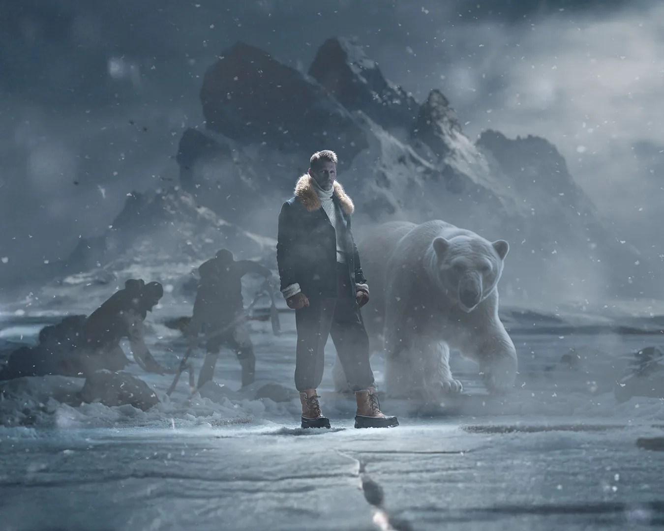 Man in a fur-collared coat and boots standing on icy ground with a polar bear and shadowy figures in snowy mountains.