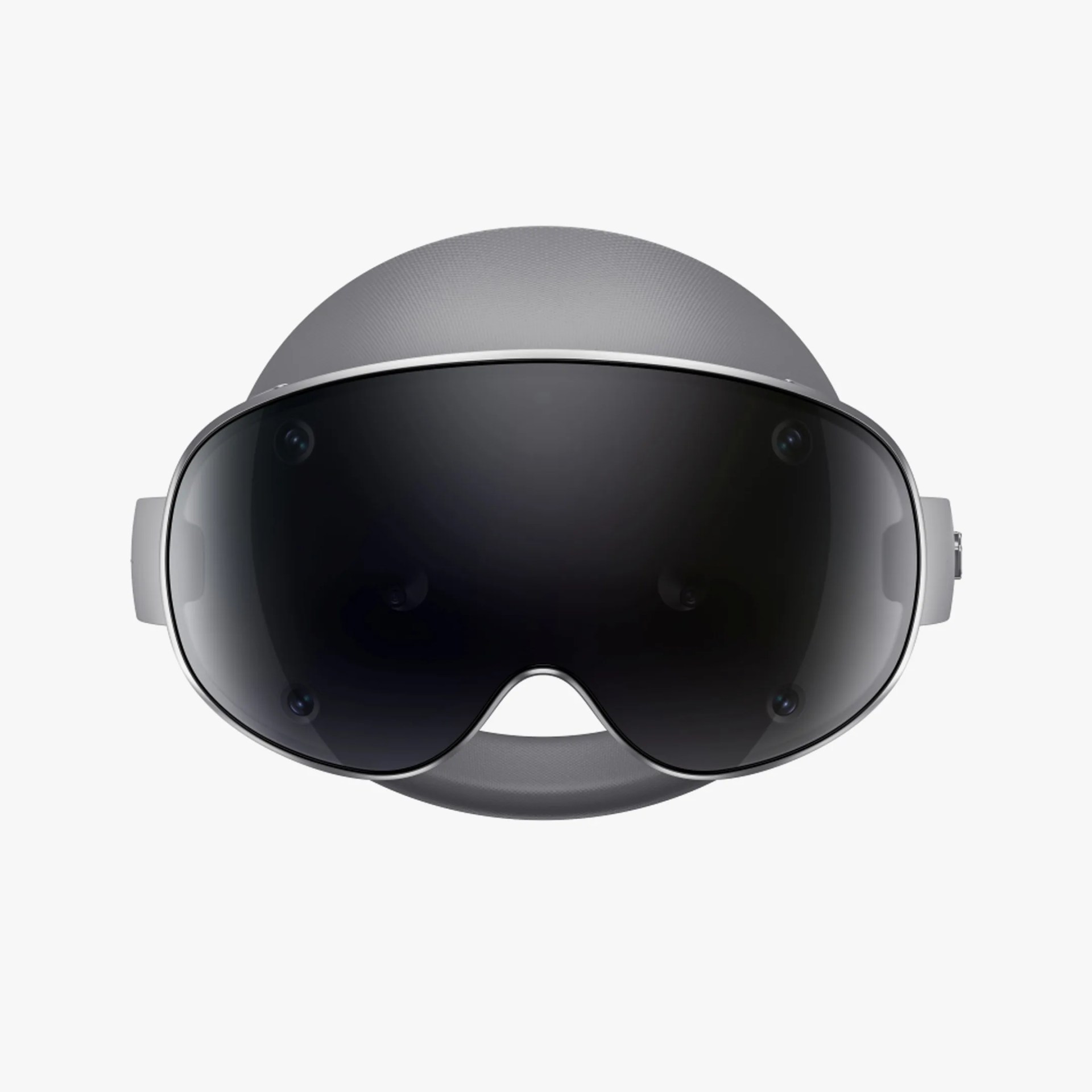 Gray mixed-material virtual reality headset with large black tinted visor and side straps.