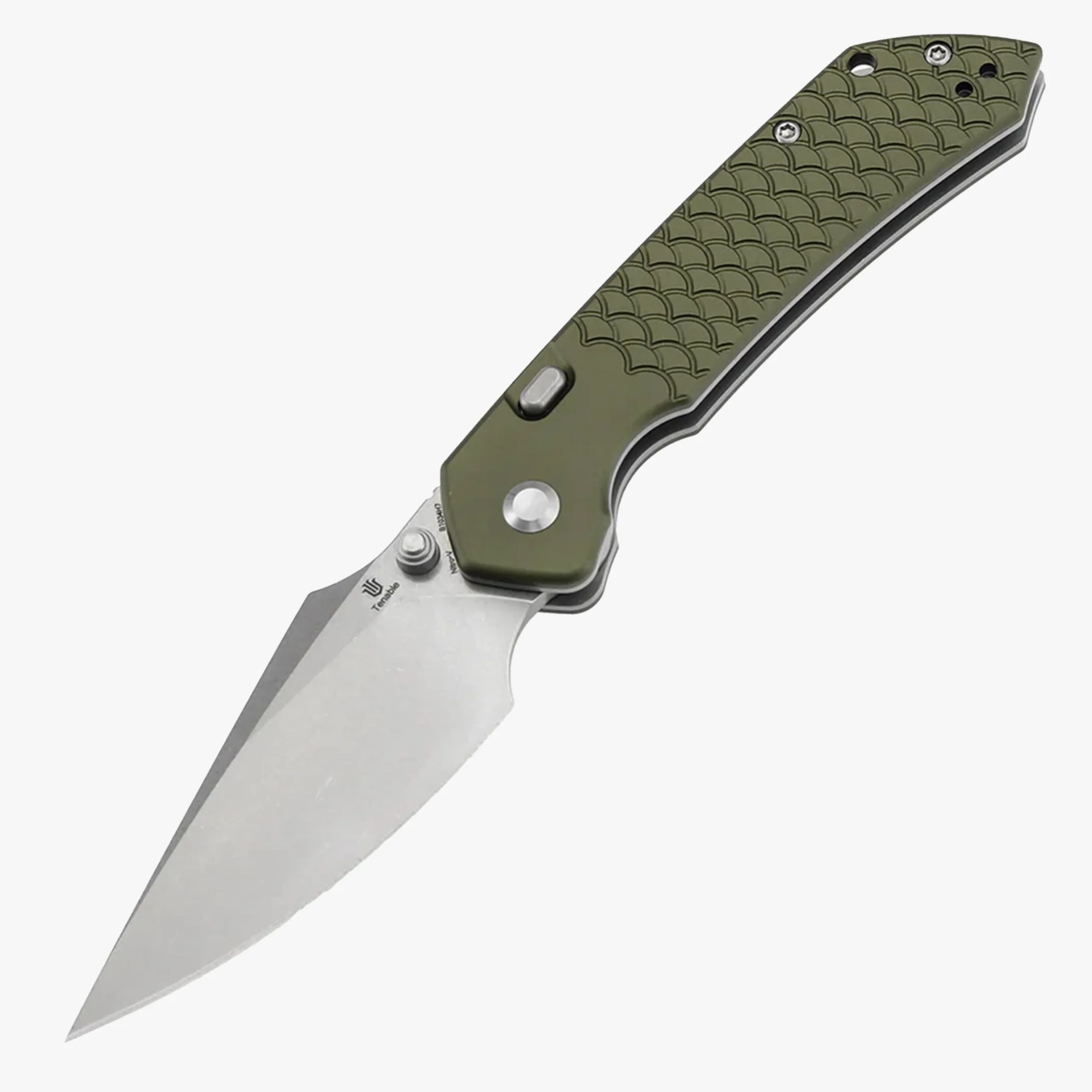Folding knife with a silver blade and olive green textured handle.