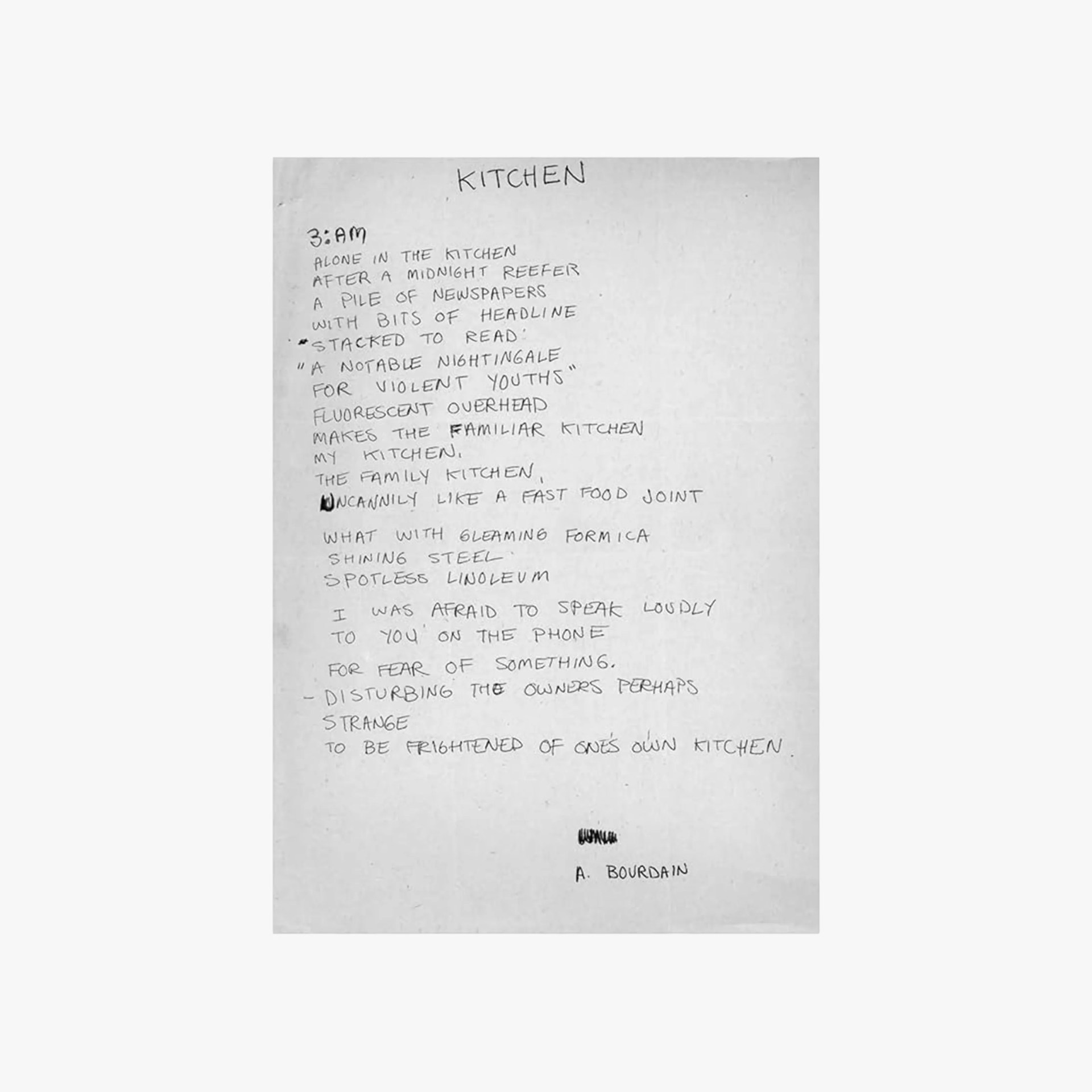 Handwritten poem titled "KITCHEN" by A. Bourdain on white paper with black ink.