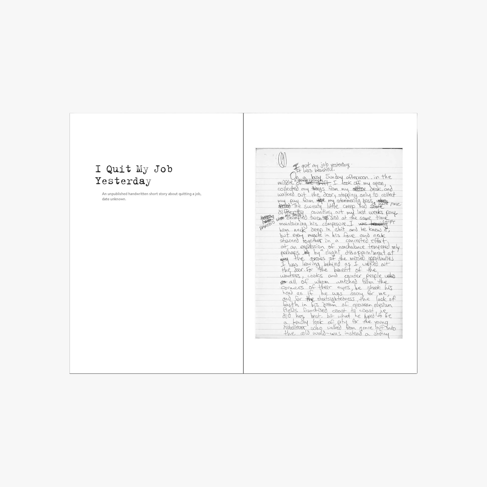 Two-page spread of a book titled "I Quit My Job Yesterday" with typed title and subtitle on left and a handwritten story draft with edits on lined paper on right.