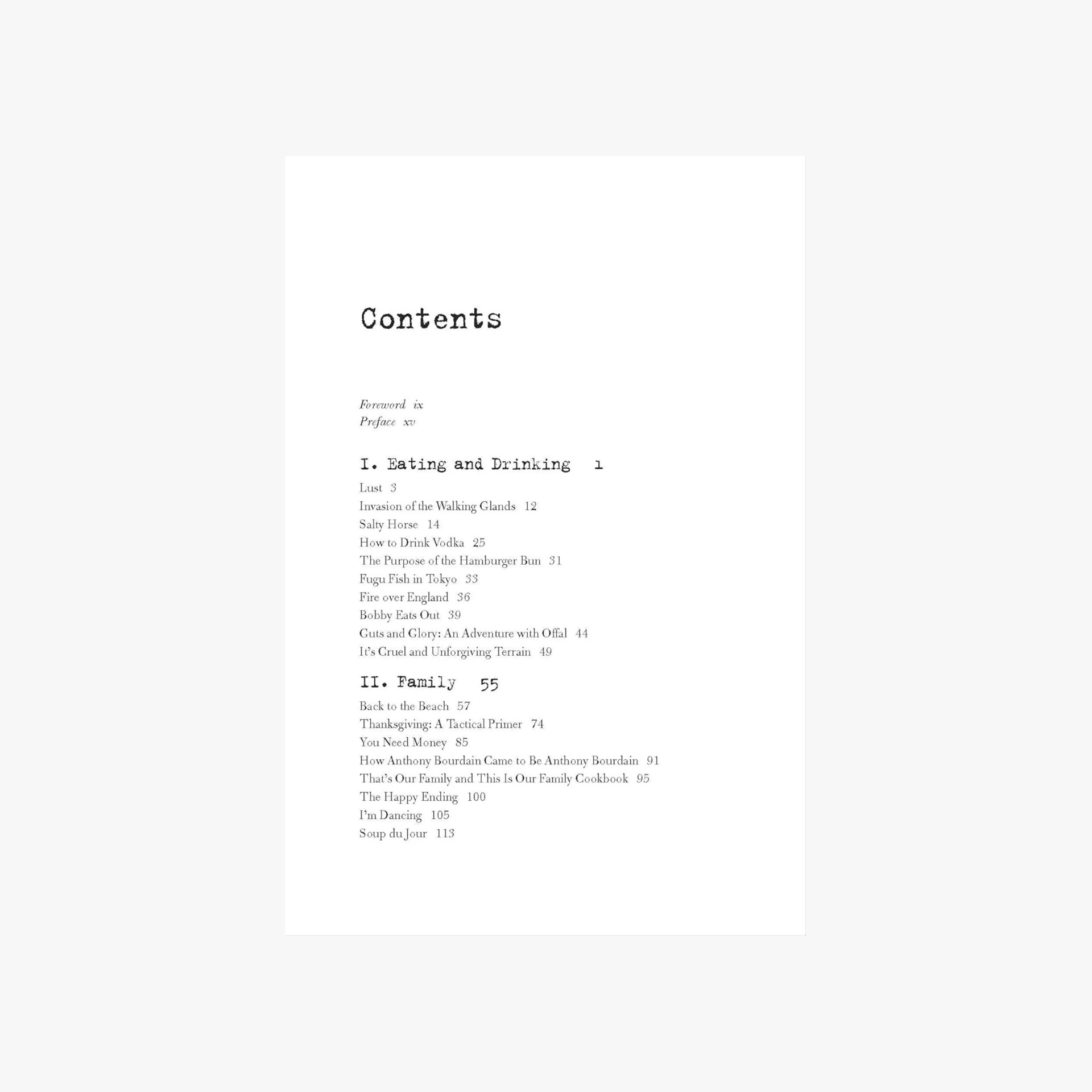 Table of contents page listing chapters "Eating and Drinking" and "Family" with corresponding section titles and page numbers.