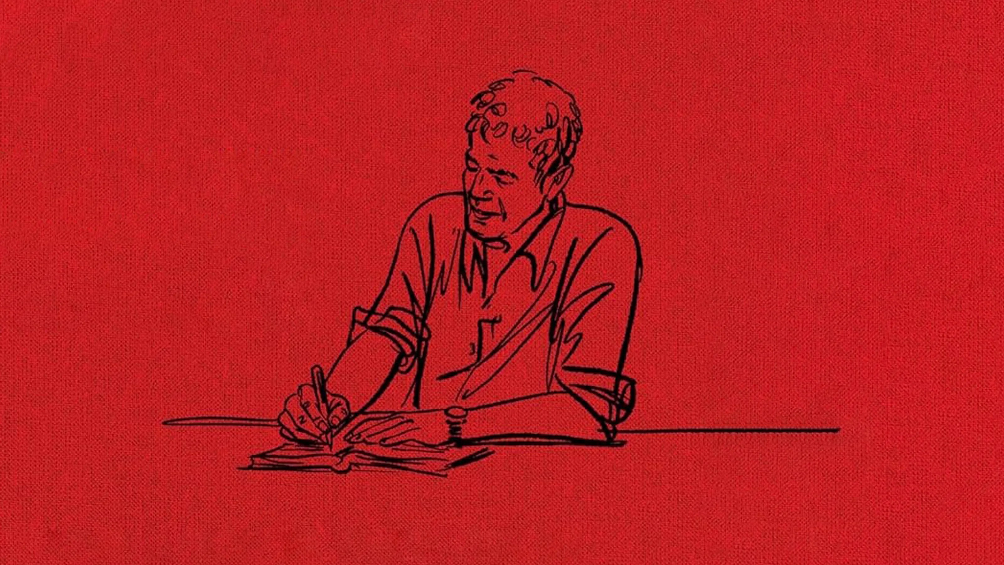 Black line drawing of a man with rolled-up sleeves writing in a book on a red textured background.