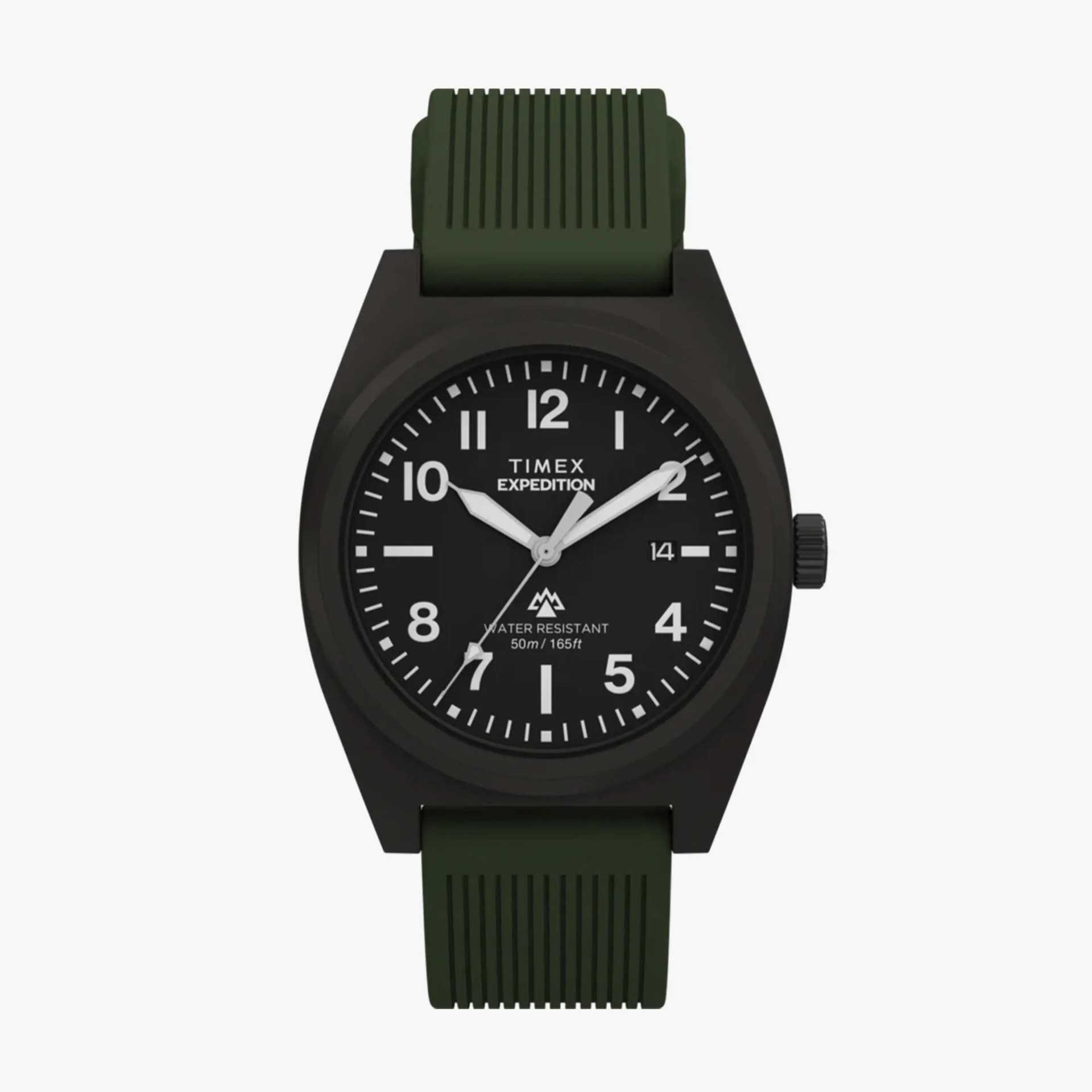 Black Timex Expedition watch with white numerals and hands, green textured silicone strap, and date display.