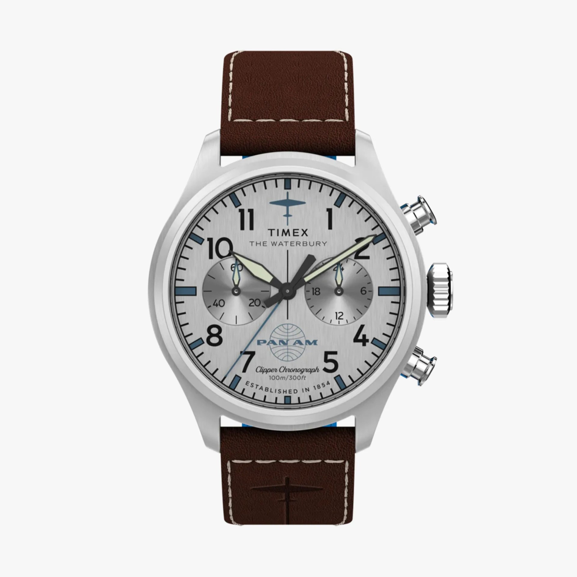 Silver Timex Waterbury chronograph watch with blue accents, brown leather strap, and Pan Am logo on dial.