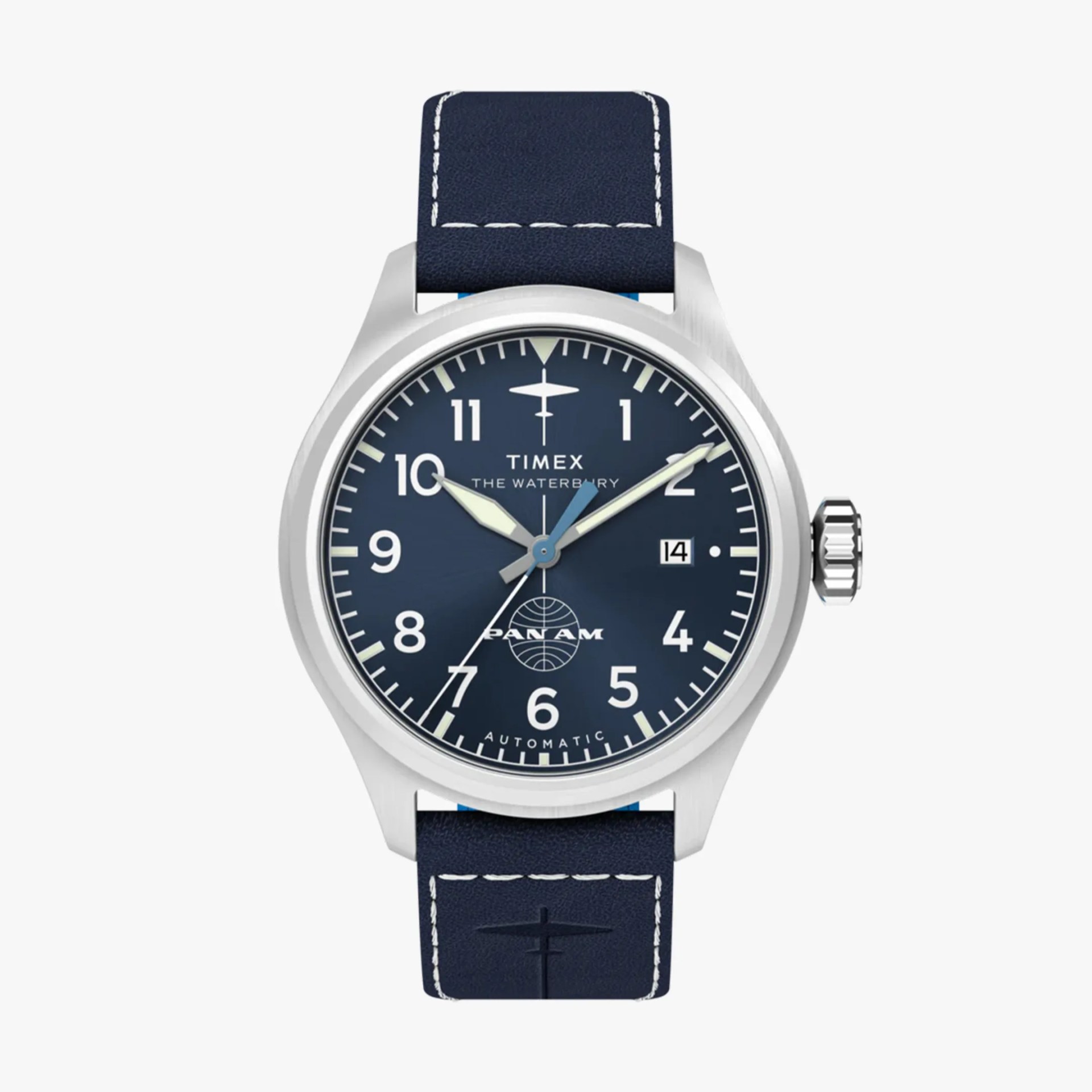Silver Timex Waterbury automatic watch with navy blue dial, white numerals, date window, and navy leather strap.