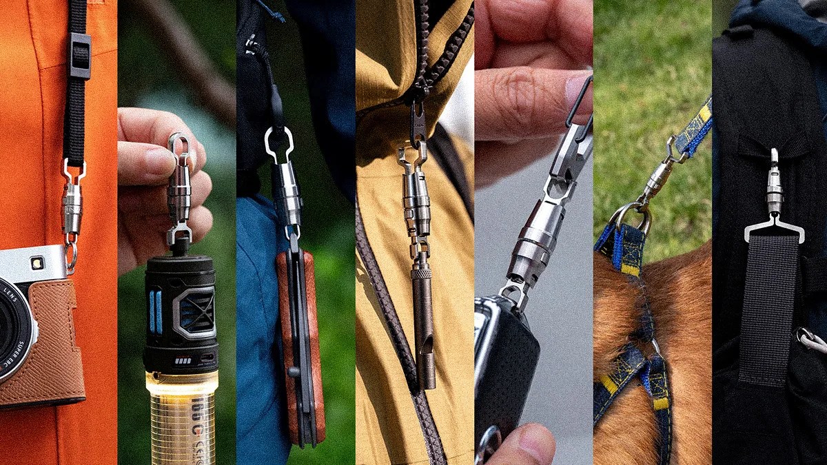 Six close-up views of a silver metal quick-release clasp attached to various items including a camera, flashlight, knife, whistle, key fob, dog leash, and backpack strap.