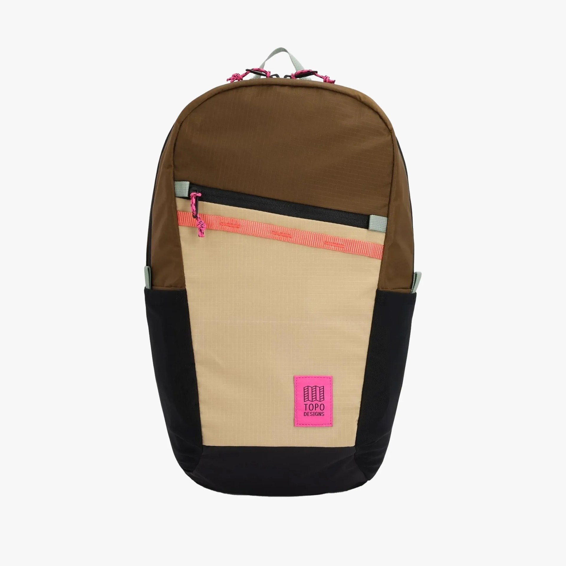 Brown, beige, and black backpack with a front zip pocket and pink Topo Designs logo patch.