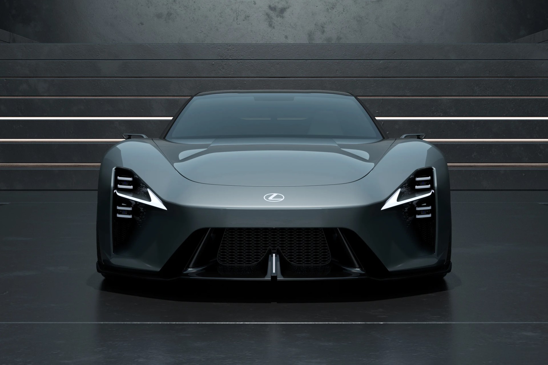Dark gray Lexus electric sports car with sharp LED headlights and aerodynamic front design.