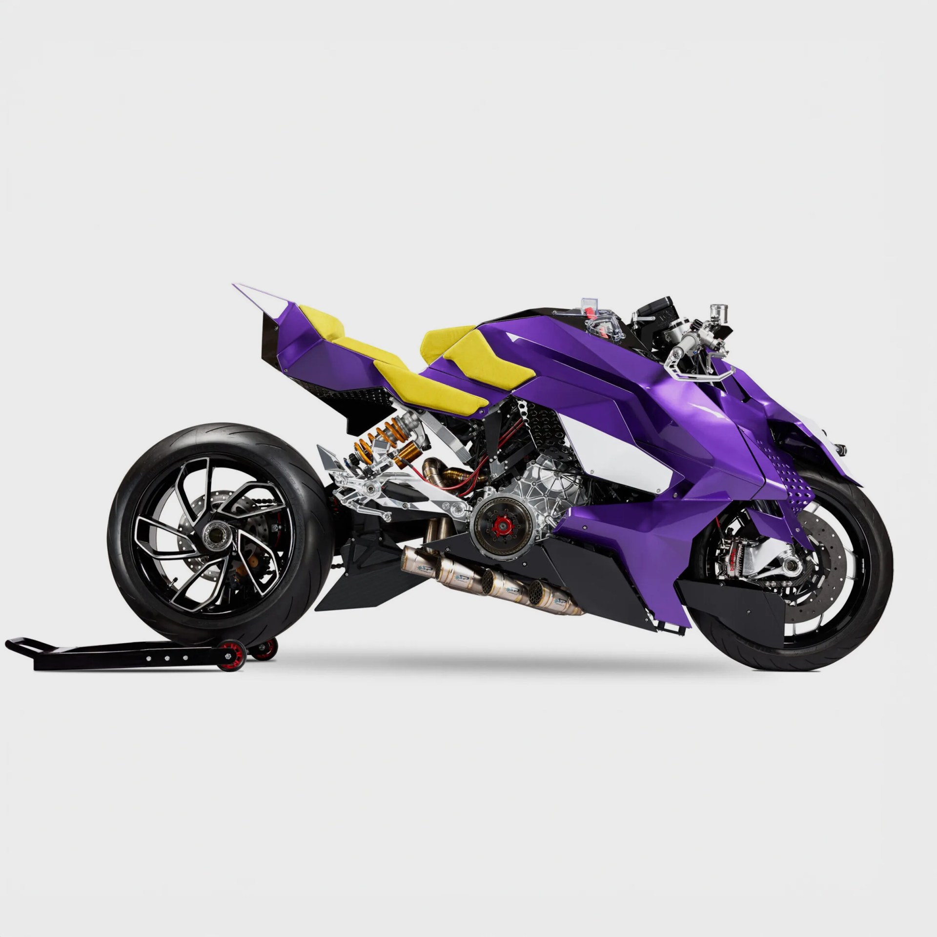 Purple and yellow futuristic motorcycle with exposed mechanical parts on a white background.
