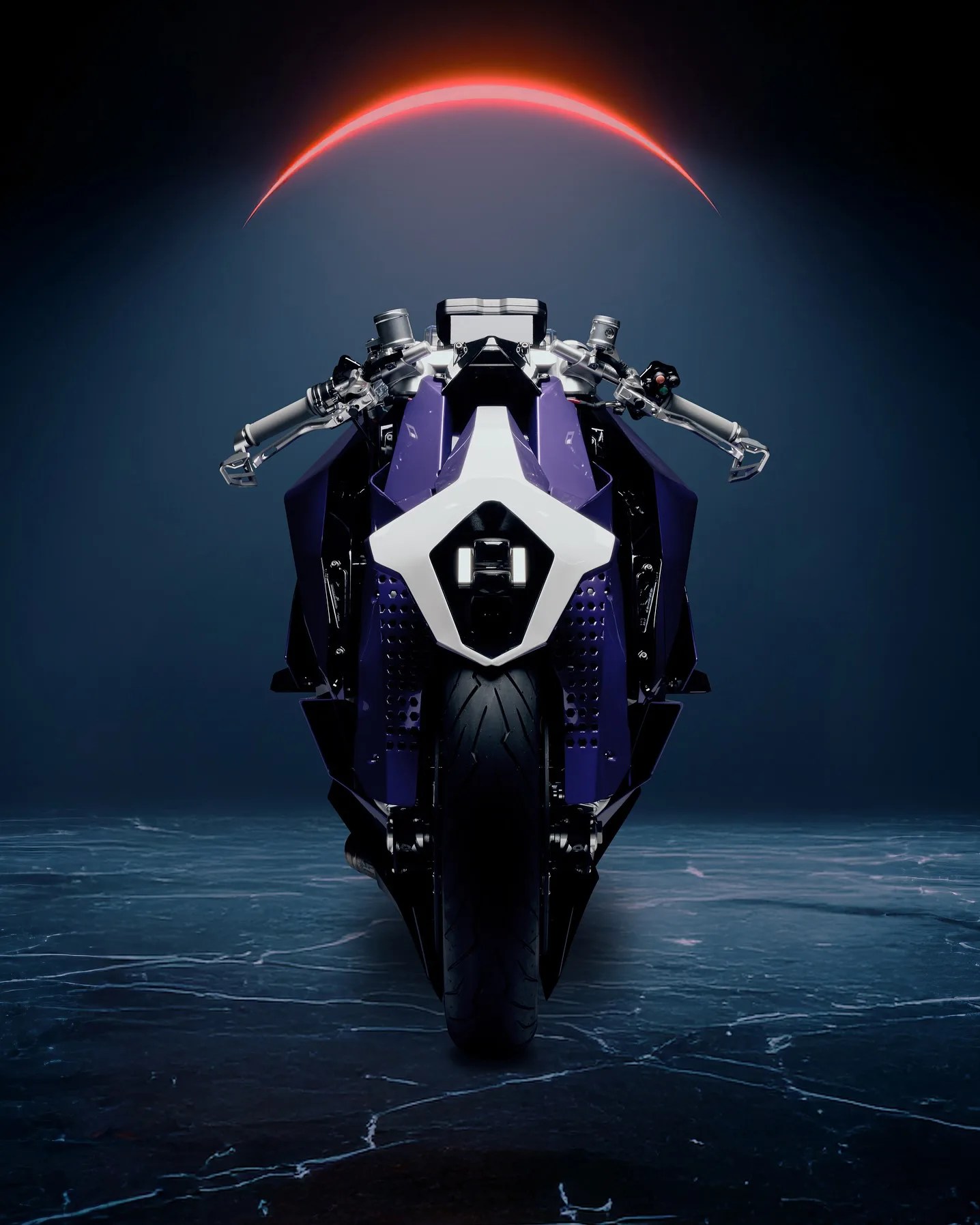 Futuristic purple and white motorcycle viewed from the front on a dark cracked floor with a red glowing arc above.
