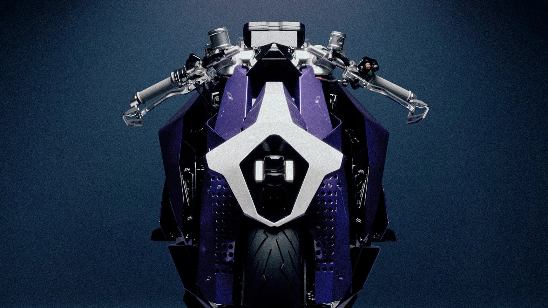 Front view of a futuristic purple and silver motorcycle with wide handlebars and a large central tire.