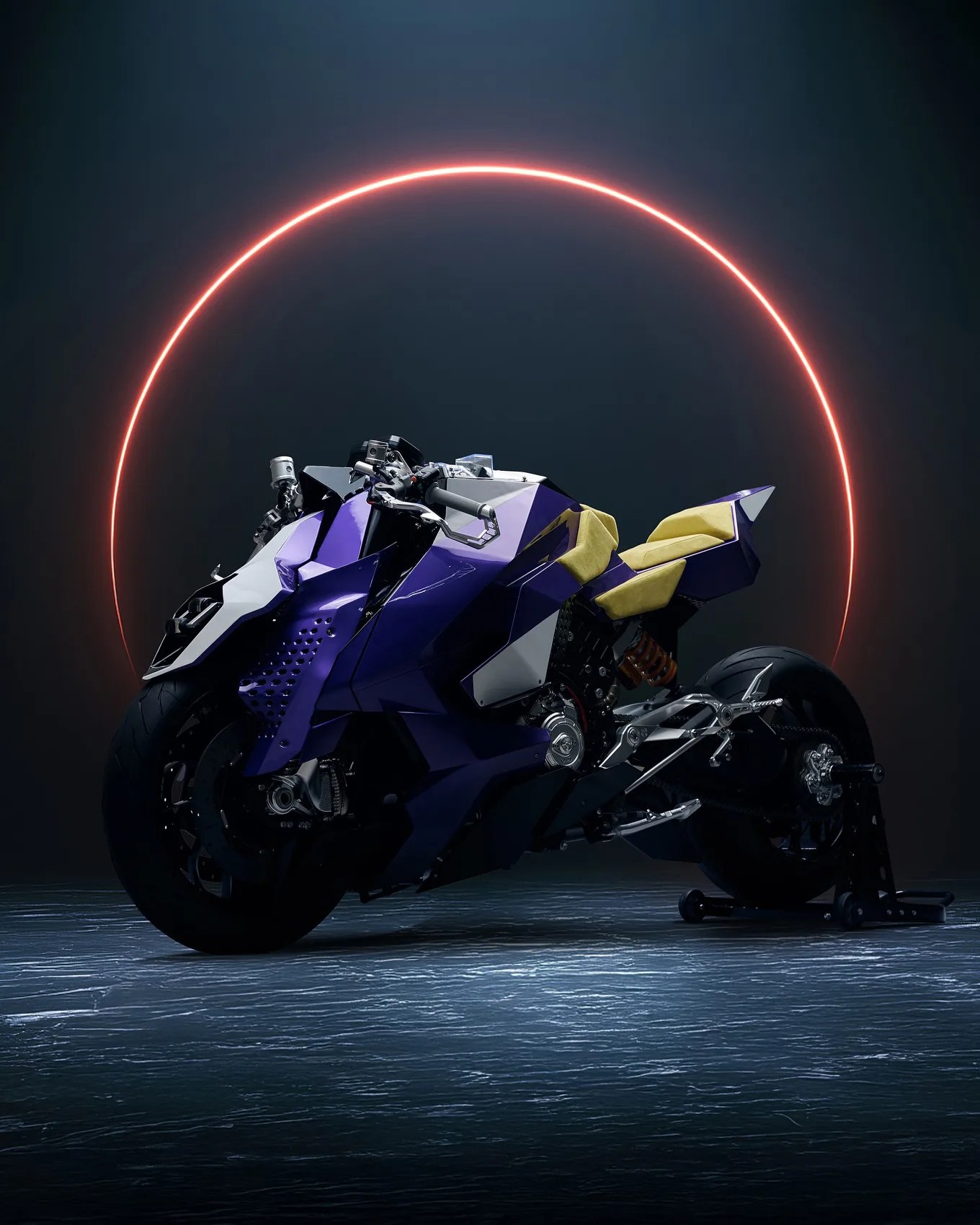 Purple and white futuristic motorcycle with yellow seat cushions and a glowing red circular light in the background.