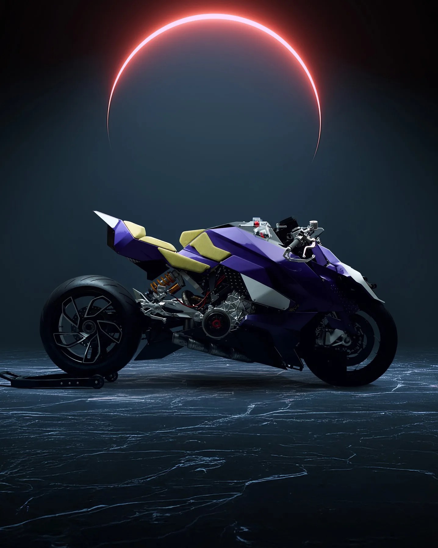 Futuristic purple motorcycle with angular design and yellow seats on a dark cracked floor under a glowing red crescent light.