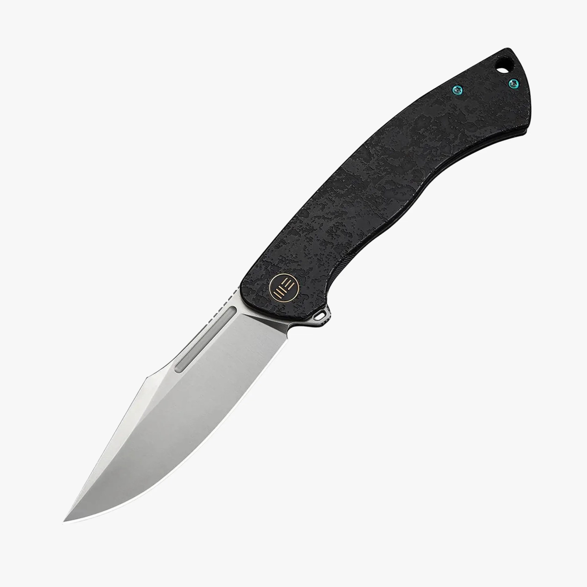 Folding knife with a silver blade and textured black handle featuring blue screws and a circular logo.