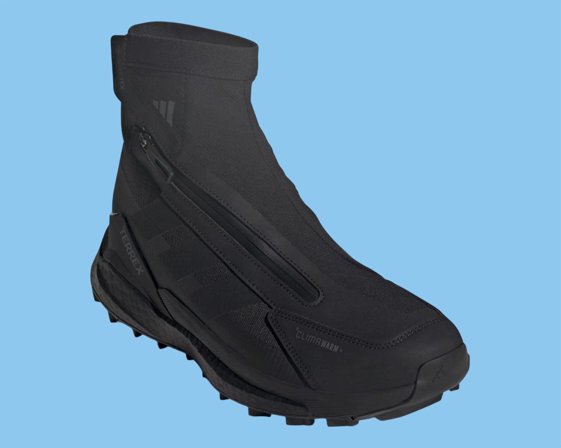 Black Adidas Terrex high-top trail running shoe with zippered closure and textured sole.