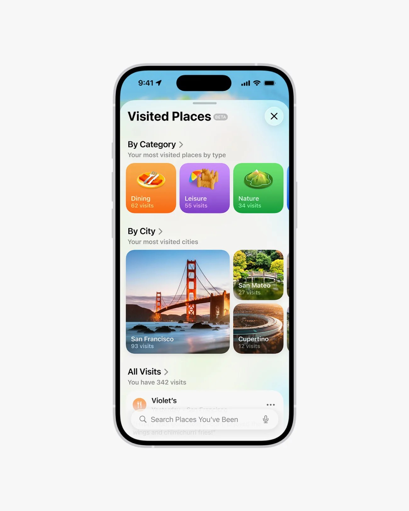 Smartphone screen showing a "Visited Places" app with categories for Dining, Leisure, Nature, and cities including San Francisco, San Mateo, and Cupertino.