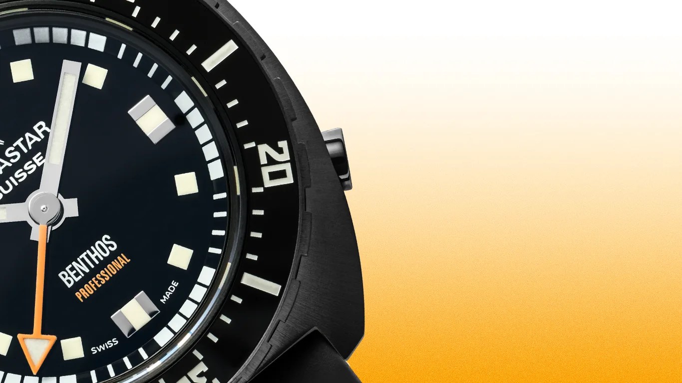 Close-up of a black dive watch face with white square hour markers, orange second hand, and "BENTHOS PROFESSIONAL" text.