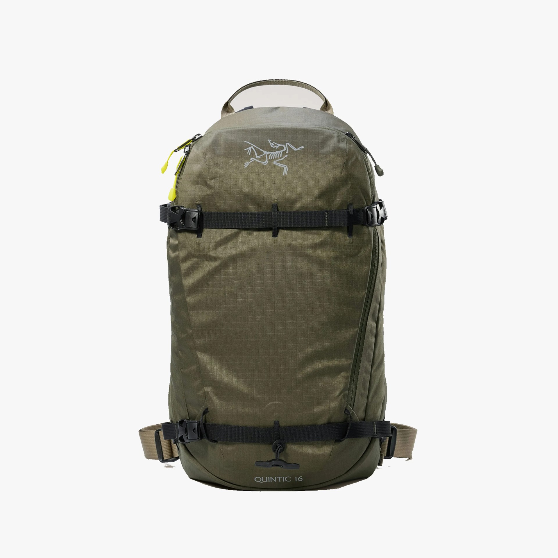 Olive green Arc'teryx Quintic 16 backpack with black straps and yellow zipper pulls.