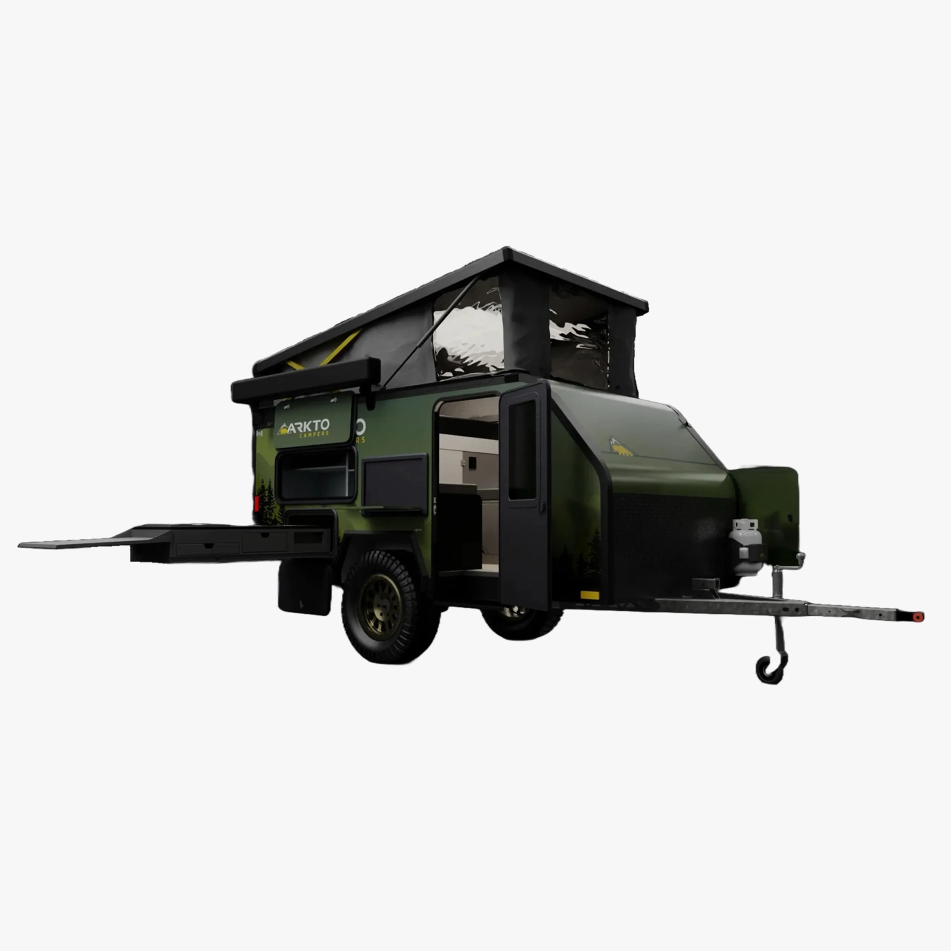 Green off-road camper trailer with pop-up roof, open side door, and extended rear kitchen drawer.