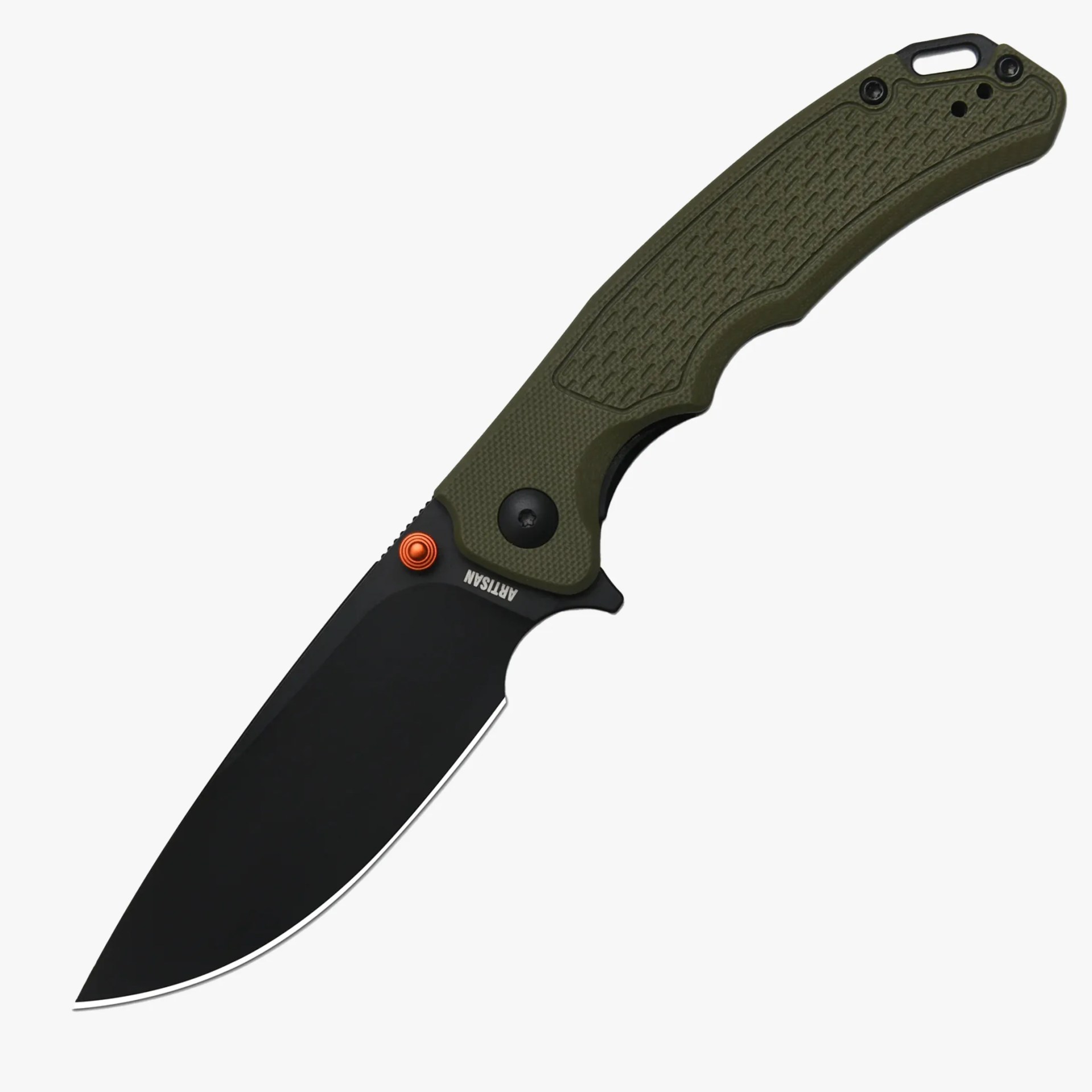 Folding knife with black blade and textured olive green handle featuring an orange thumb stud.