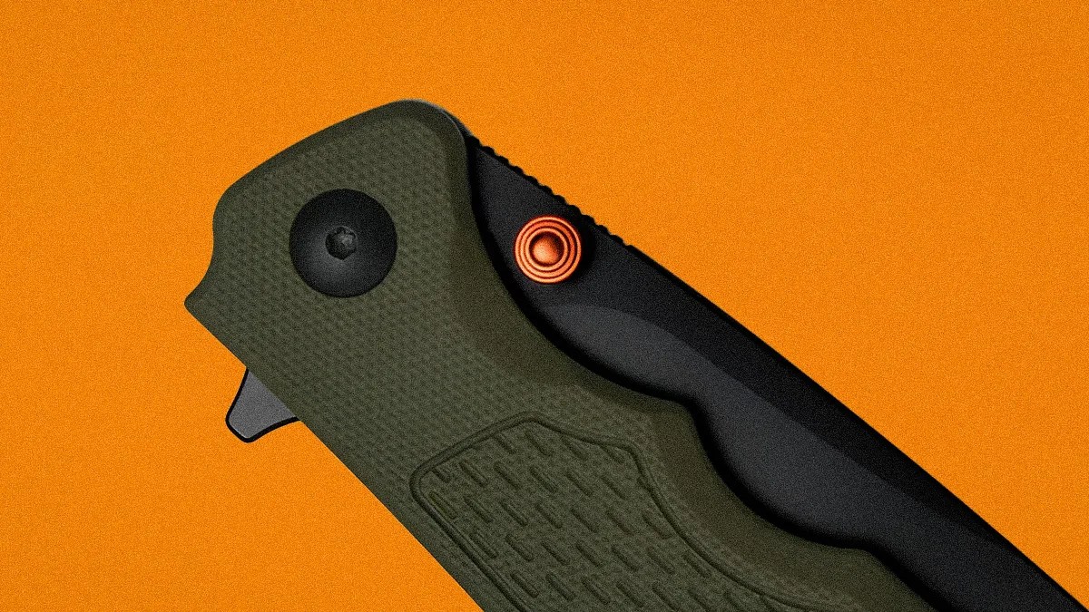 Close-up of a folding knife with a textured dark green handle and a black blade against an orange background.