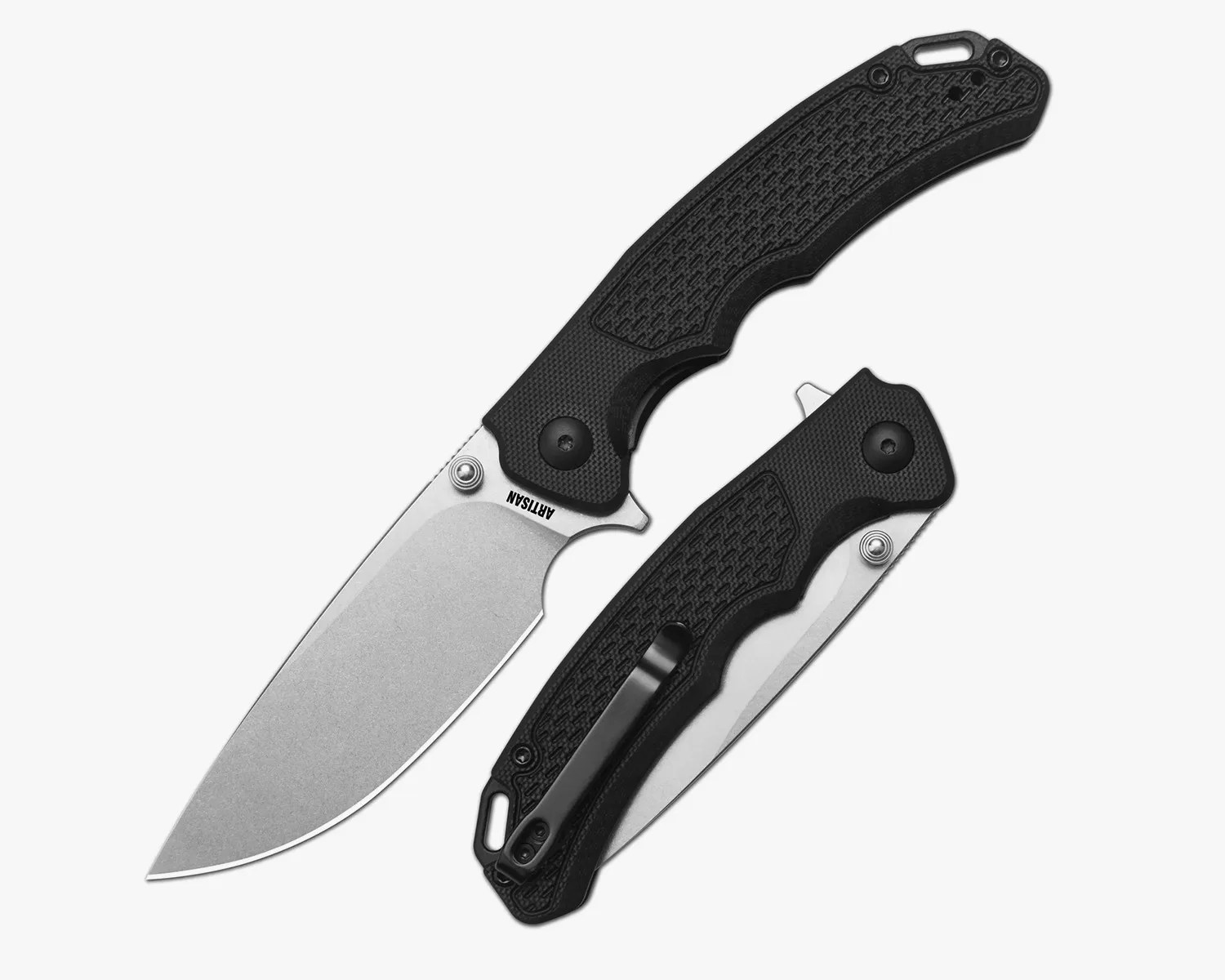 Two black-handled folding knives, one open showing a stonewashed blade and the other closed with a pocket clip.