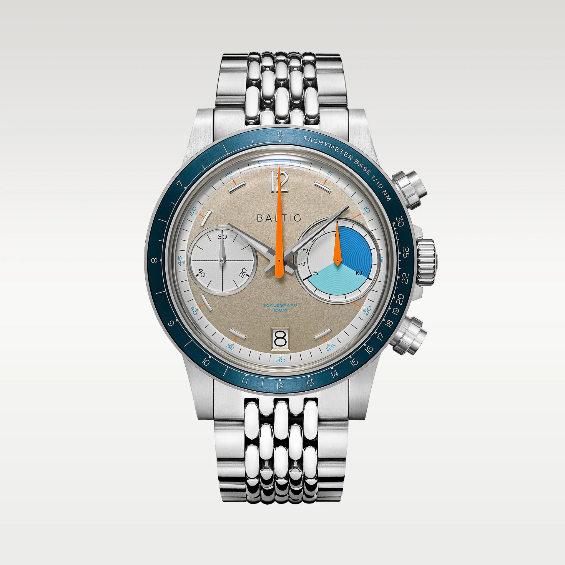 Silver Baltic chronograph wristwatch with blue bezel, beige dial, orange hands, and stainless steel bracelet.