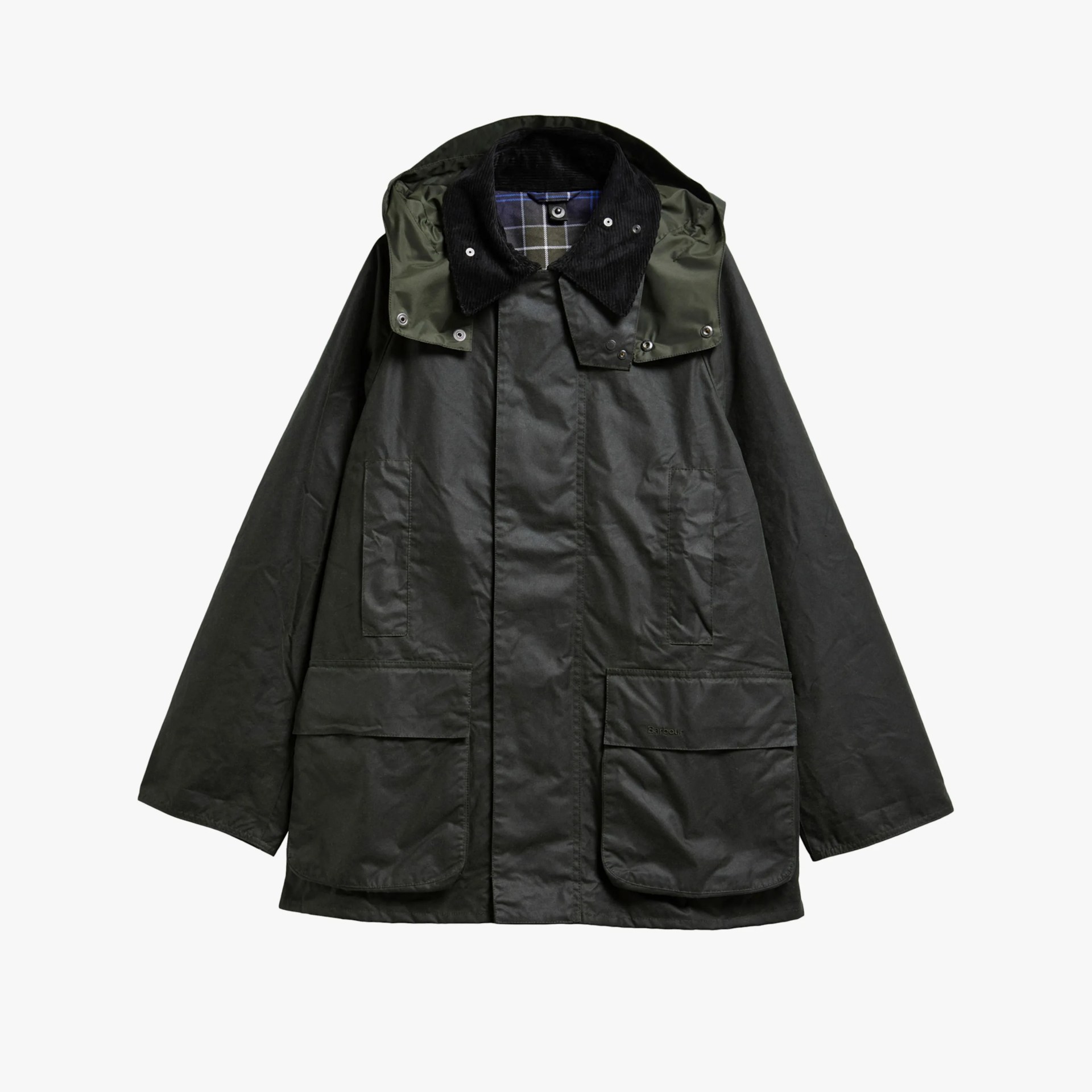 Dark green waxed cotton jacket with black corduroy collar and large front pockets.