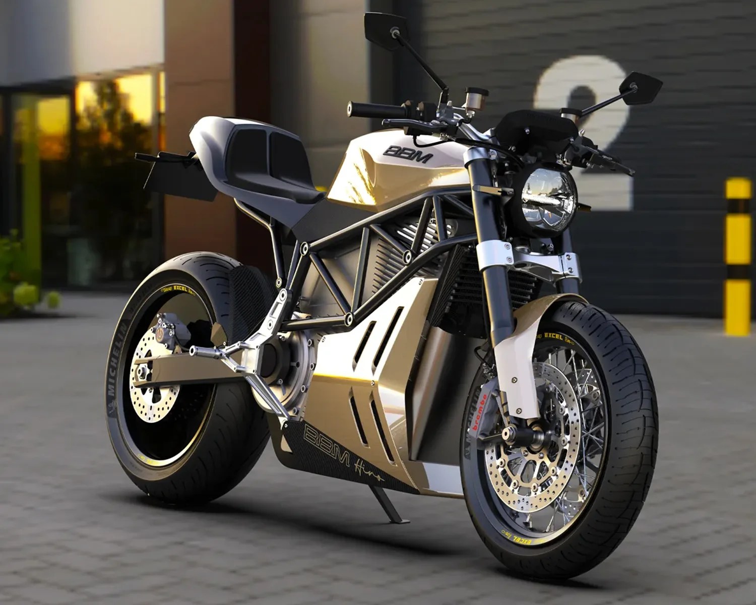 Sleek silver and black BBM electric motorcycle with exposed frame and Michelin tires parked on a paved surface.