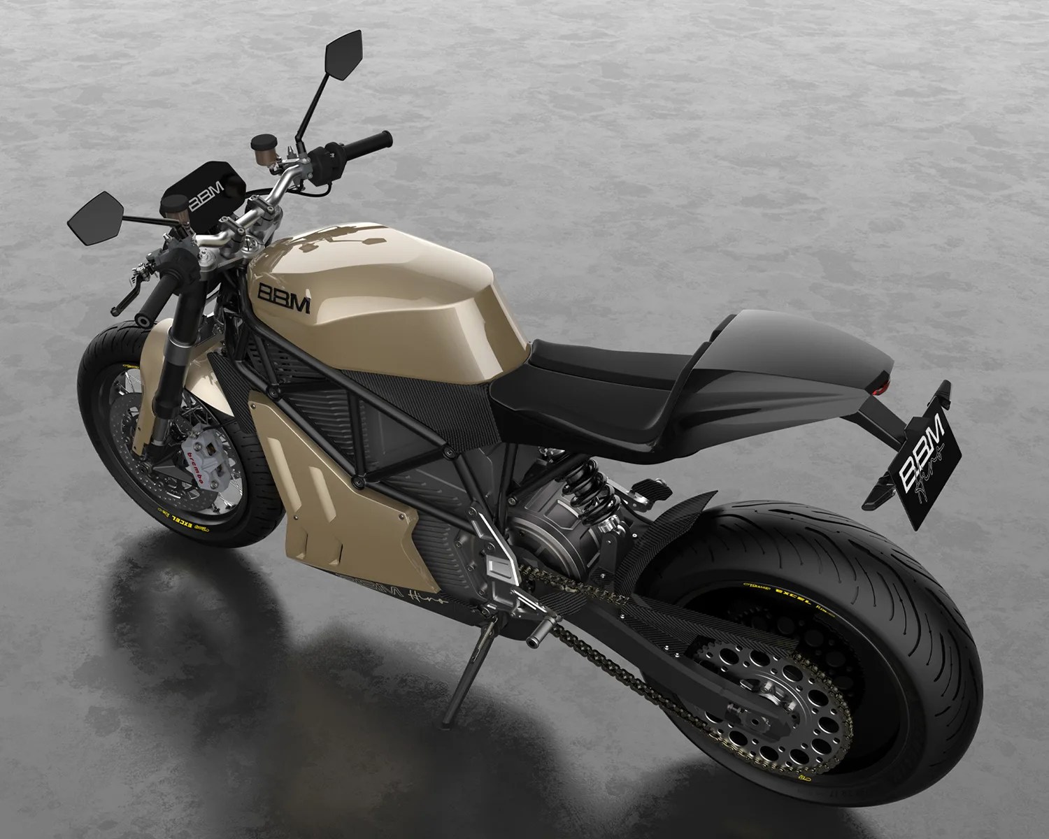 Matte gold and black electric motorcycle with BBM logo and exposed chain drive on a gray floor.
