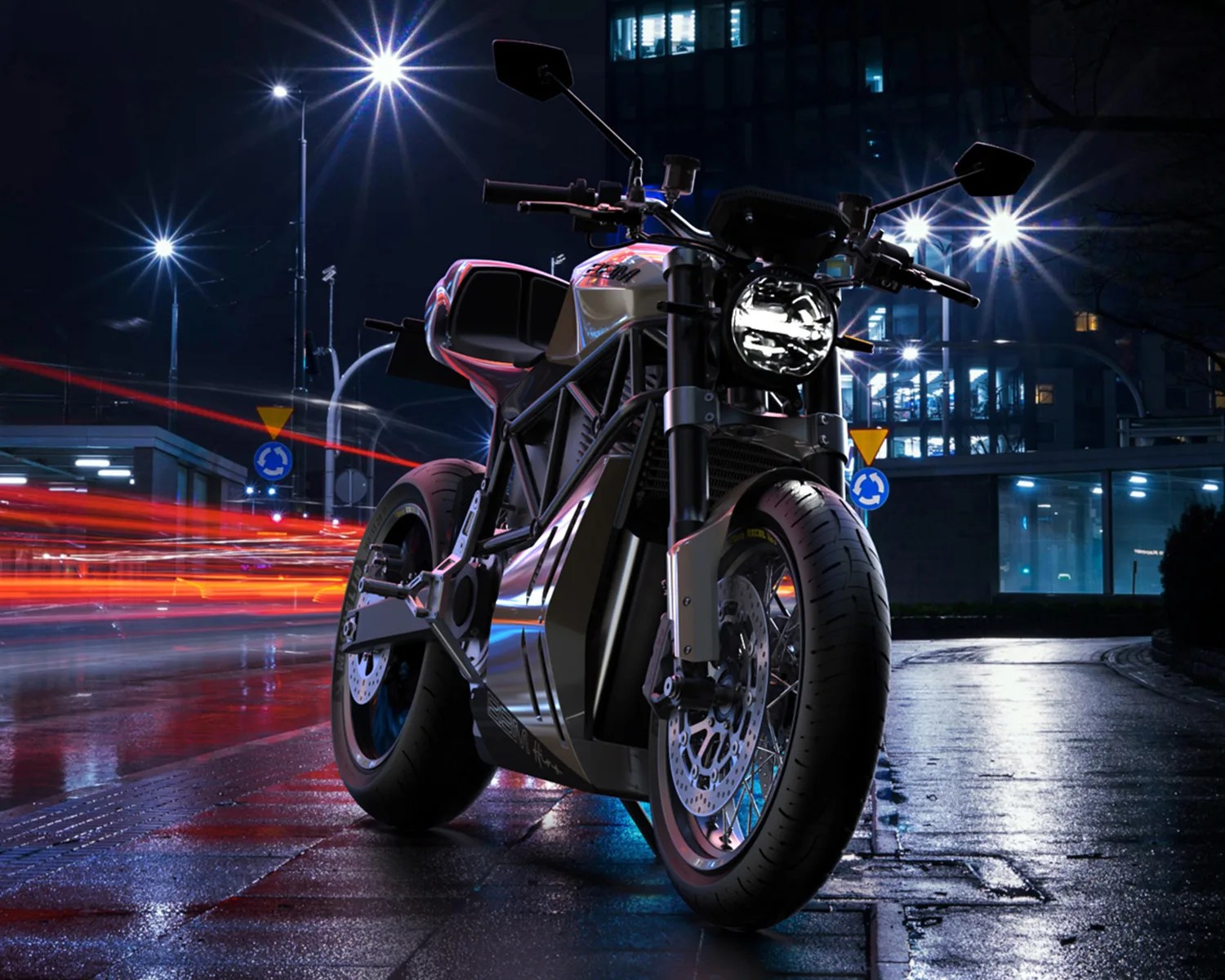 Black and silver electric motorcycle parked on a wet city street at night with light trails in the background.