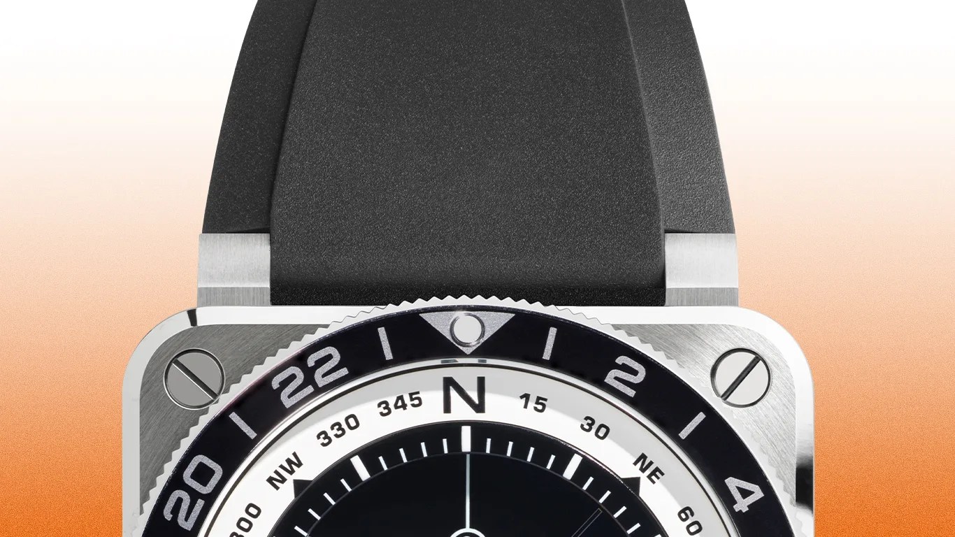 Square stainless steel watch with black rubber strap and black-and-white compass-style dial.