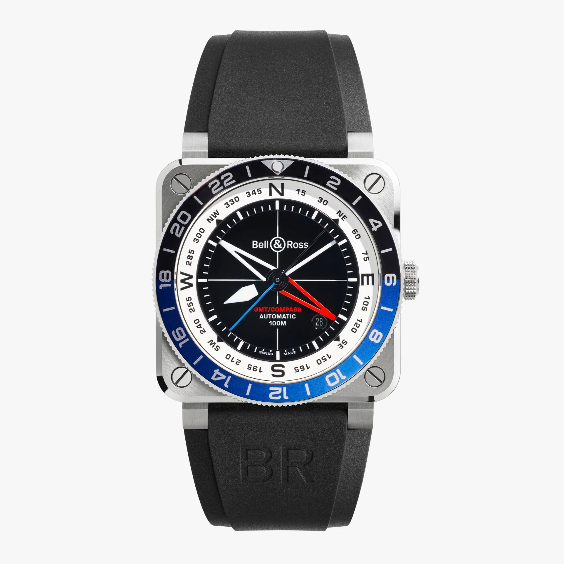 Square stainless steel Bell & Ross wristwatch with black, white, and blue compass dial and black rubber strap.