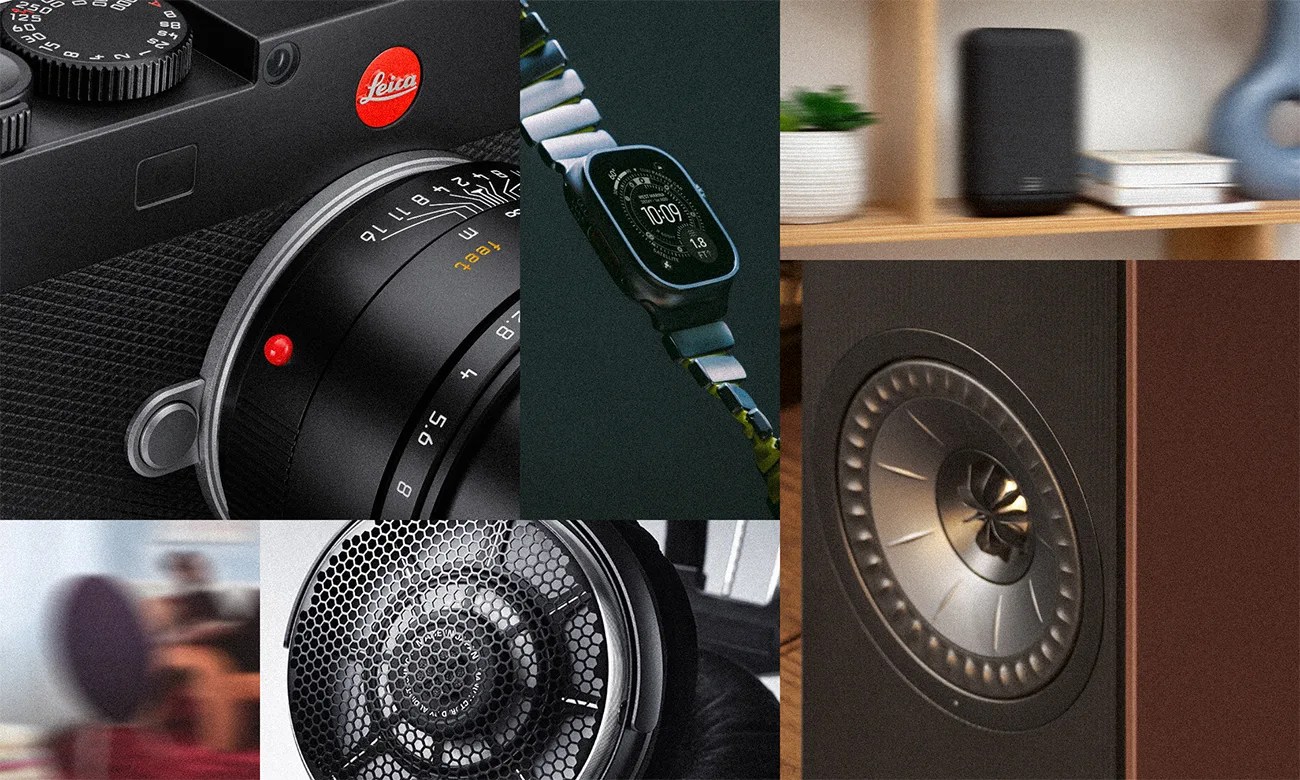 Collage of close-up images featuring a Leica camera lens, a smartwatch with a metal band, a bookshelf with a black speaker, a black speaker driver, and a black headphone driver with a mesh cover.