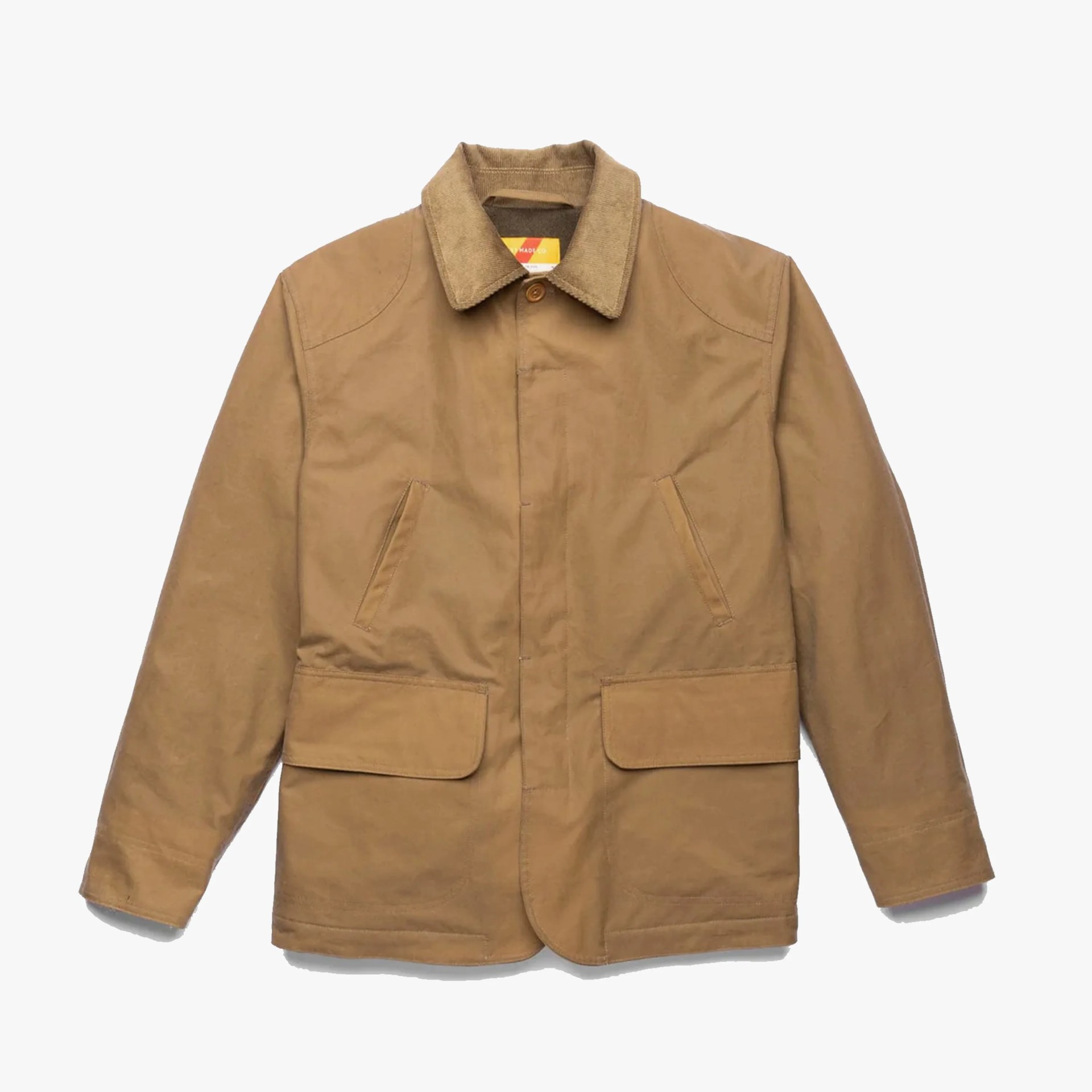 Brown cotton jacket with corduroy collar and flap pockets laid flat on a white background.
