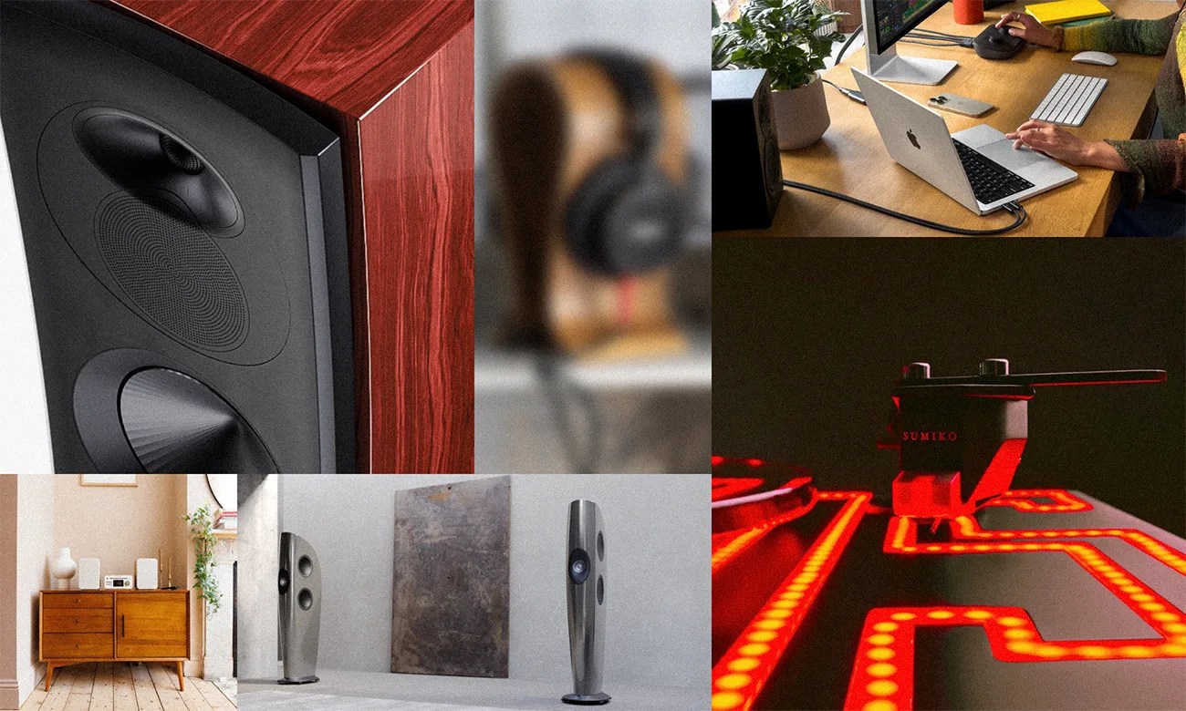 Collage of audio and tech items including a wooden speaker, headphones on a stand, a person using a MacBook on a desk, a turntable needle with red LED lights, a mid-century cabinet with audio gear, and modern silver speakers in a minimalist room.