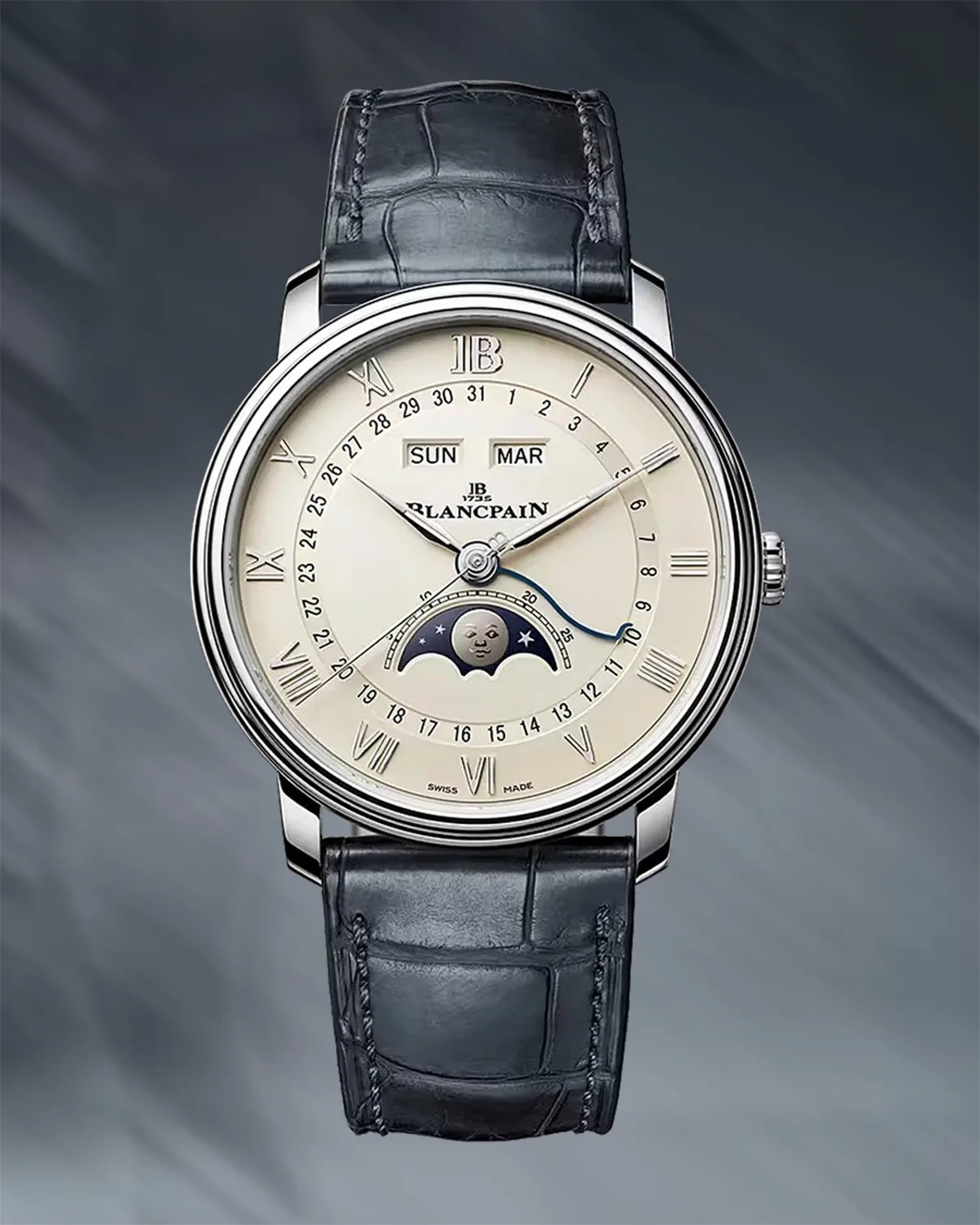 Silver Blancpain wristwatch with cream dial, Roman numerals, moon phase display, and black leather strap.