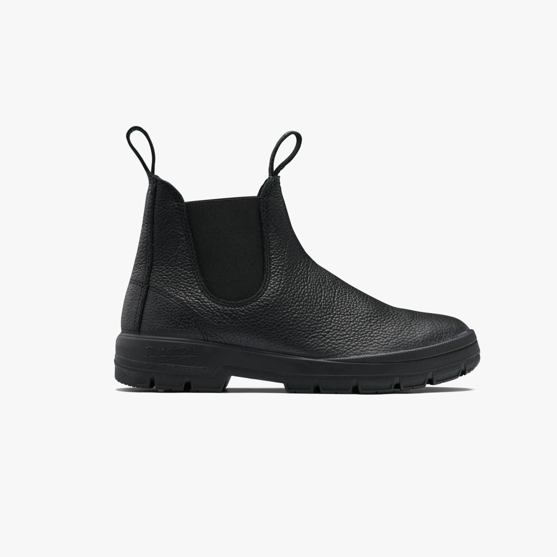 Black textured leather Chelsea boot with pull tabs and elastic side panels on a white background.