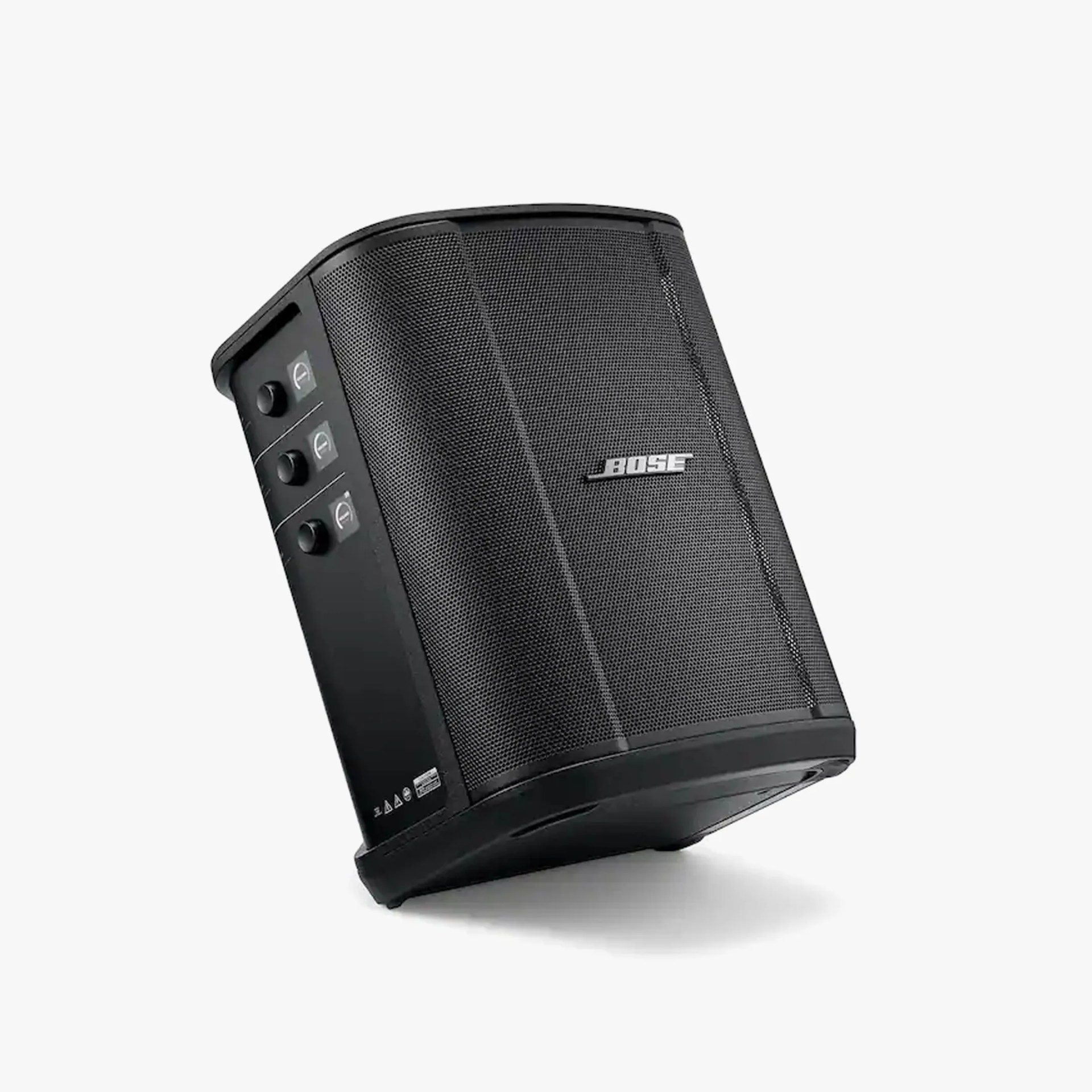 Black Bose portable speaker with mesh front grille and control knobs on the side.