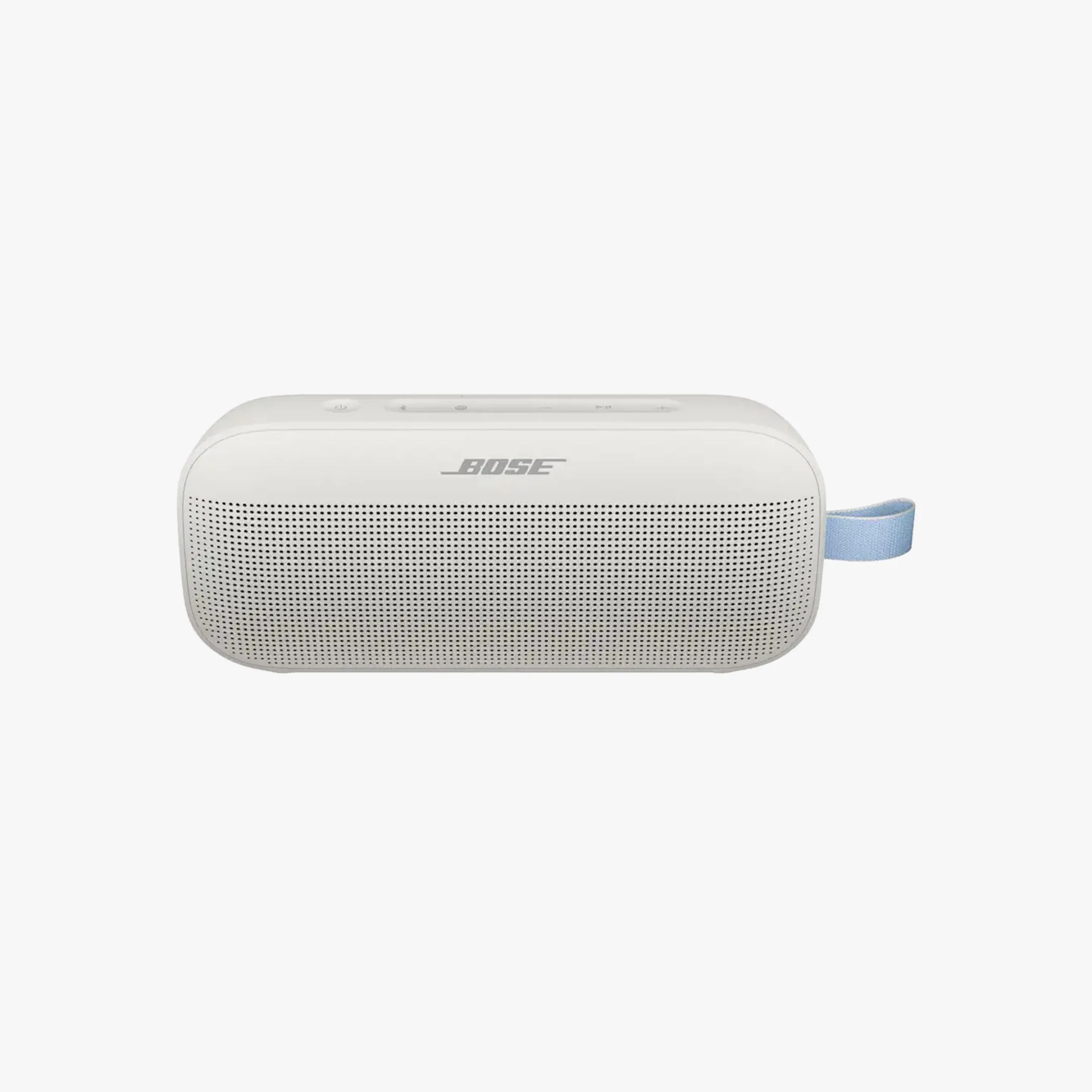 White Bose portable Bluetooth speaker with perforated front grille and blue fabric loop on the side.