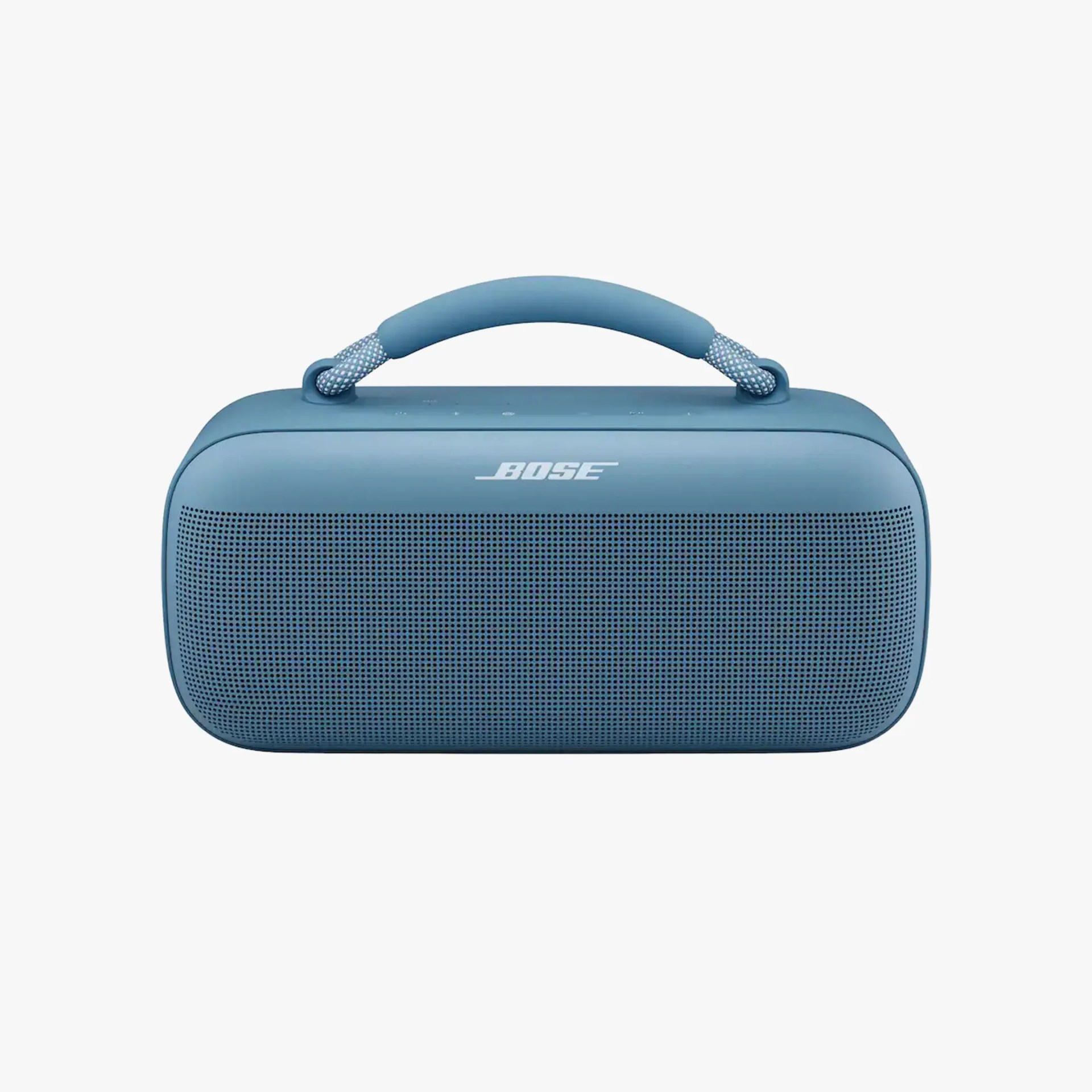 Blue Bose portable Bluetooth speaker with fabric handle and front speaker grille.